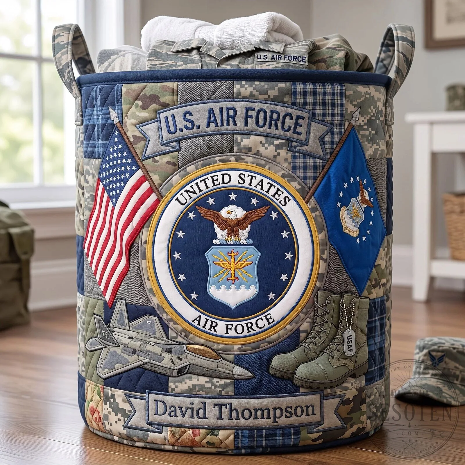United States Army Quilted Laundry Basket with American Flag and Eagle Emblem 16 United States Army Quilted Laundry Basket with American Flag and Eagle Emblem