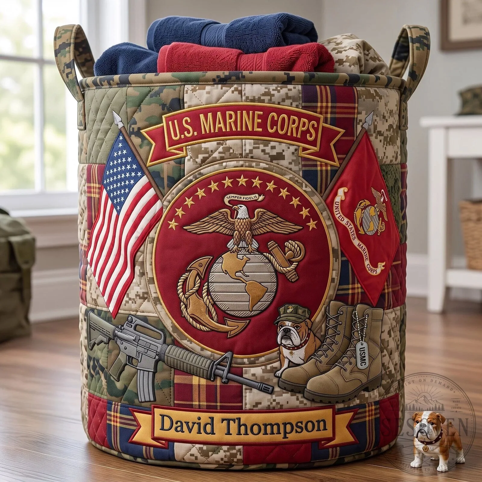 United States Army Quilted Laundry Basket with American Flag and Eagle Emblem 17 United States Army Quilted Laundry Basket with American Flag and Eagle Emblem