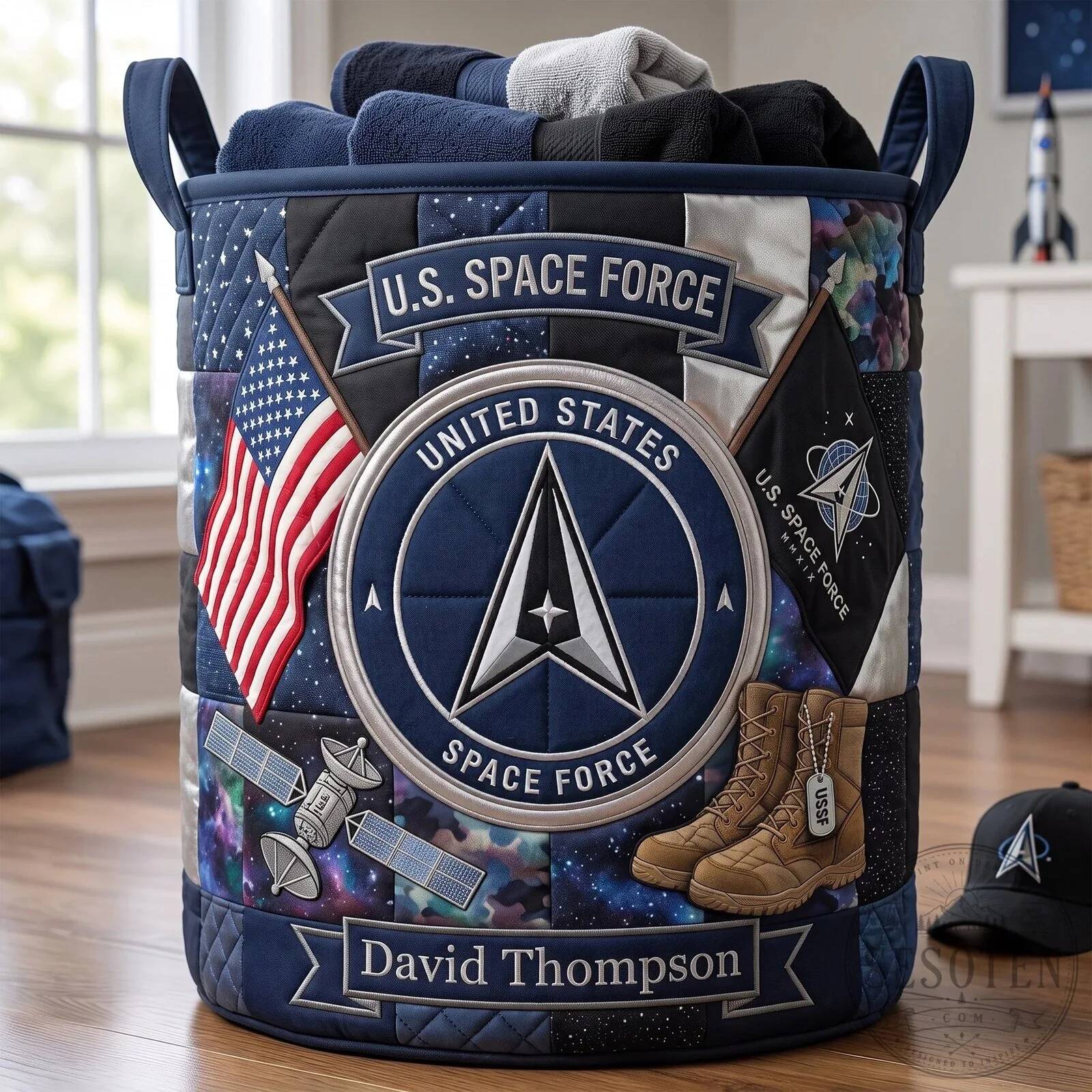 United States Army Quilted Laundry Basket with American Flag and Eagle Emblem 18 United States Army Quilted Laundry Basket with American Flag and Eagle Emblem