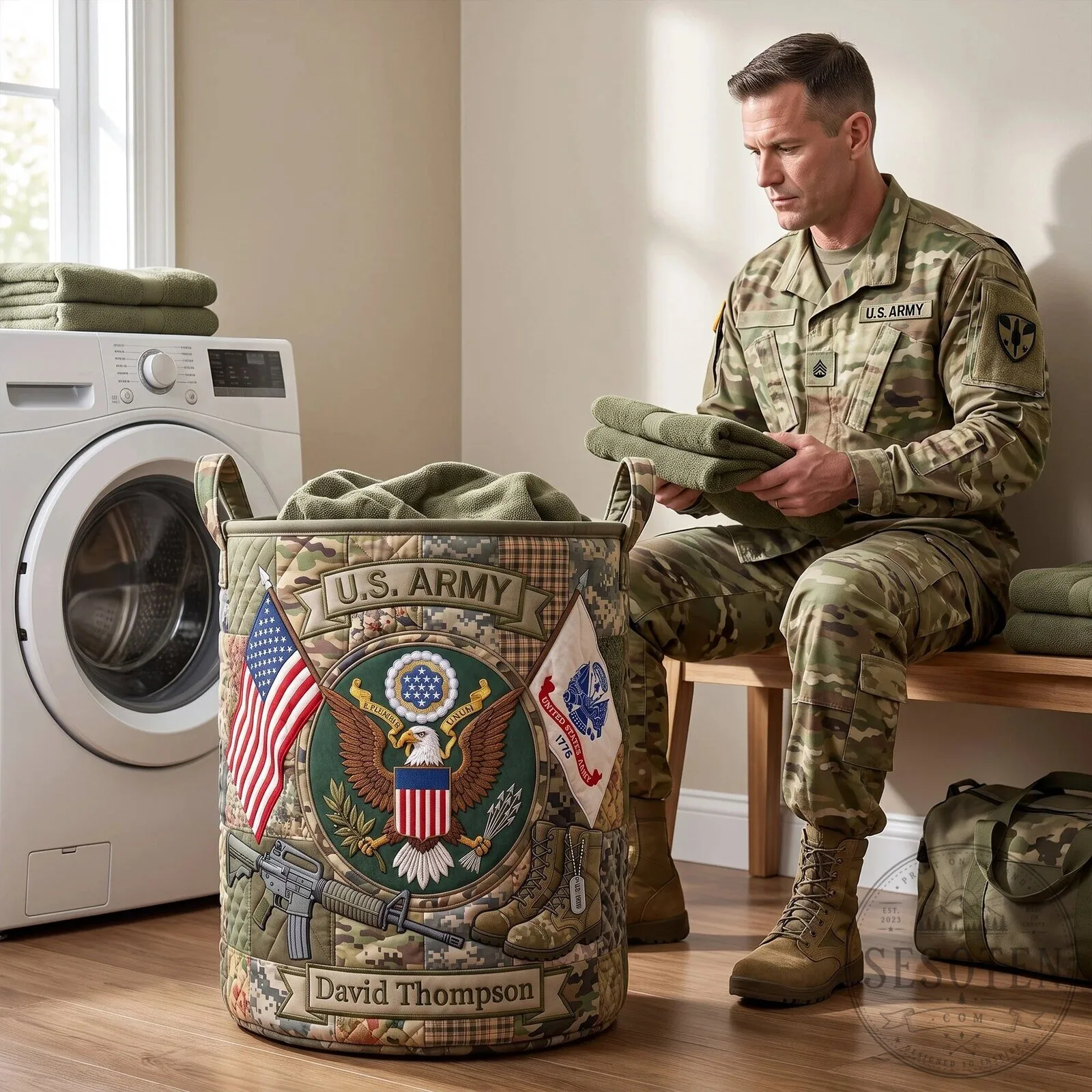 United States Army Quilted Laundry Basket with American Flag and Eagle Emblem 19 United States Army Quilted Laundry Basket with American Flag and Eagle Emblem