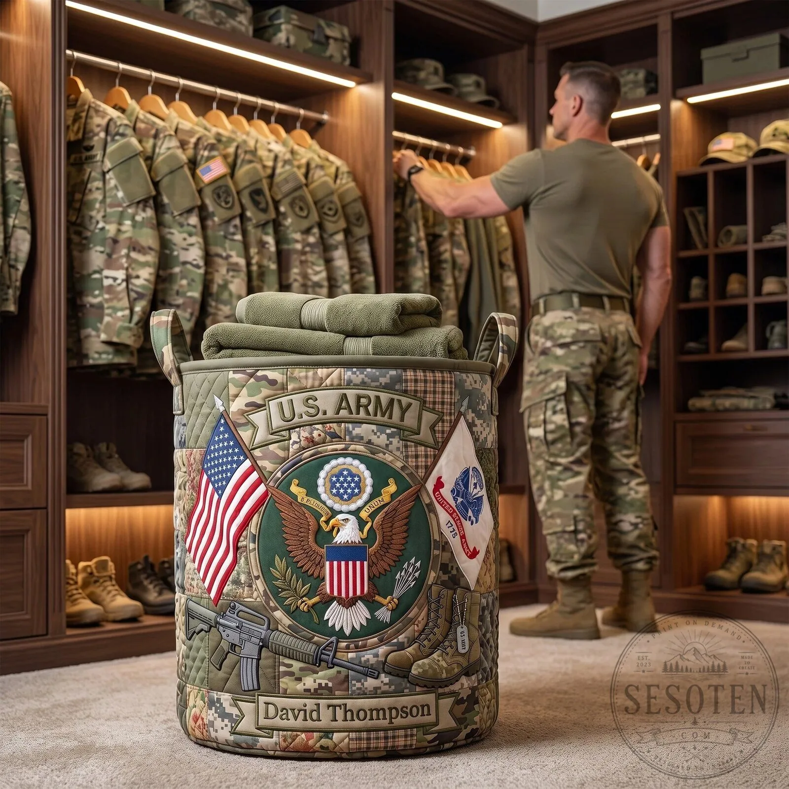 United States Army Quilted Laundry Basket with American Flag and Eagle Emblem 20 United States Army Quilted Laundry Basket with American Flag and Eagle Emblem