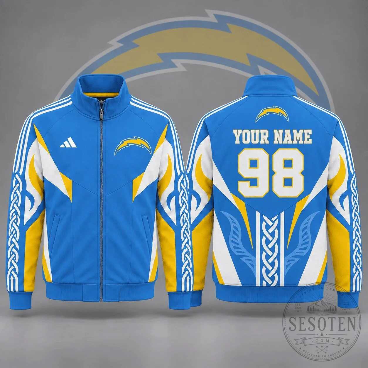 Los Angeles Chargers Personalized Tribal Zip Up Track Jacket 1 Los Angeles Chargers Personalized Tribal Zip Up Track Jacket