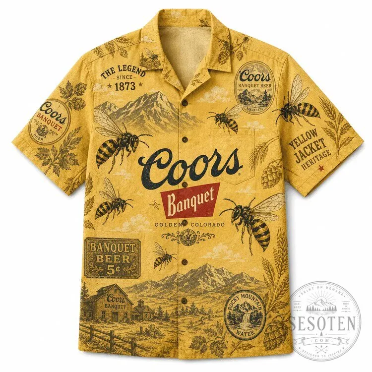 Coors Banquet Beer Yellow Jacket Heritage Hawaiian Shirt