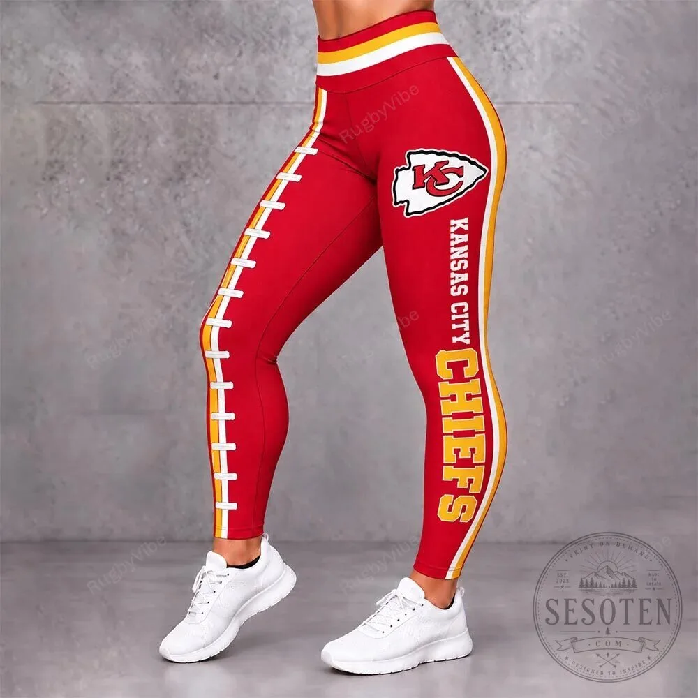 Kansas City Chiefs Football Team Red White Yellow Stripe Women's Leggings