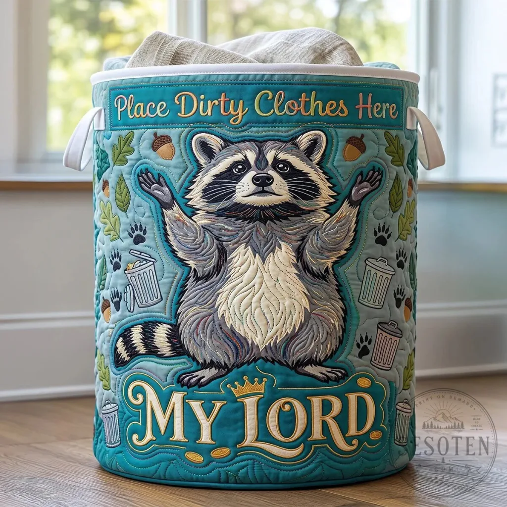 Adorable Raccoon Quilted Laundry Basket with My Lord Design Adorable Raccoon Quilted Laundry Basket with "My Lord" Design