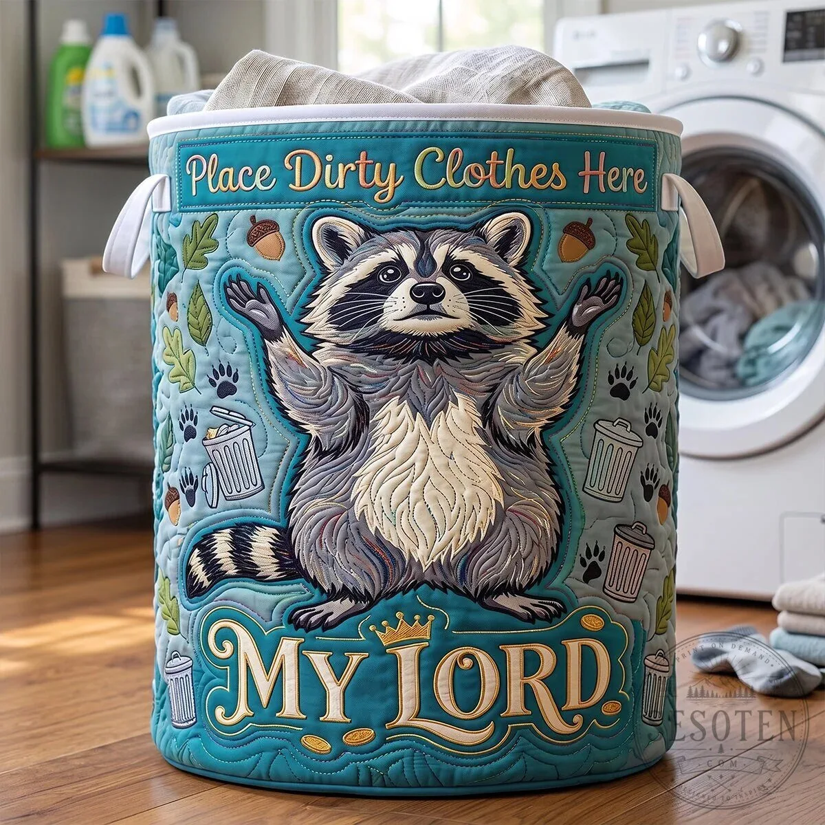 Adorable Raccoon Quilted Laundry Basket with "My Lord" Design 10 Adorable Raccoon Quilted Laundry Basket with "My Lord" Design