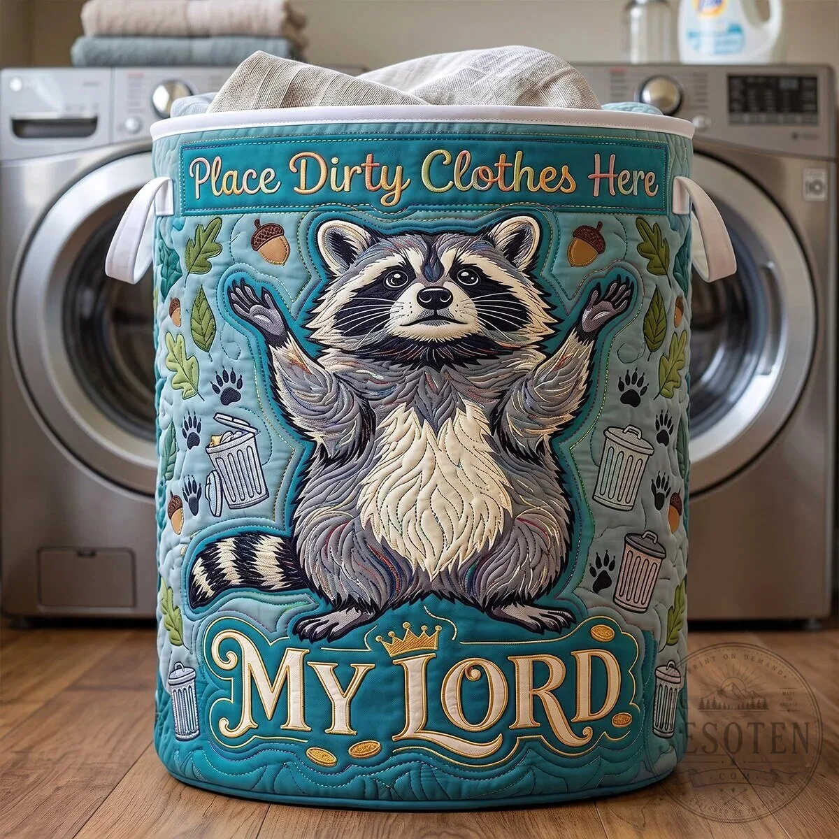 Adorable Raccoon Quilted Laundry Basket with "My Lord" Design 11 Adorable Raccoon Quilted Laundry Basket with "My Lord" Design