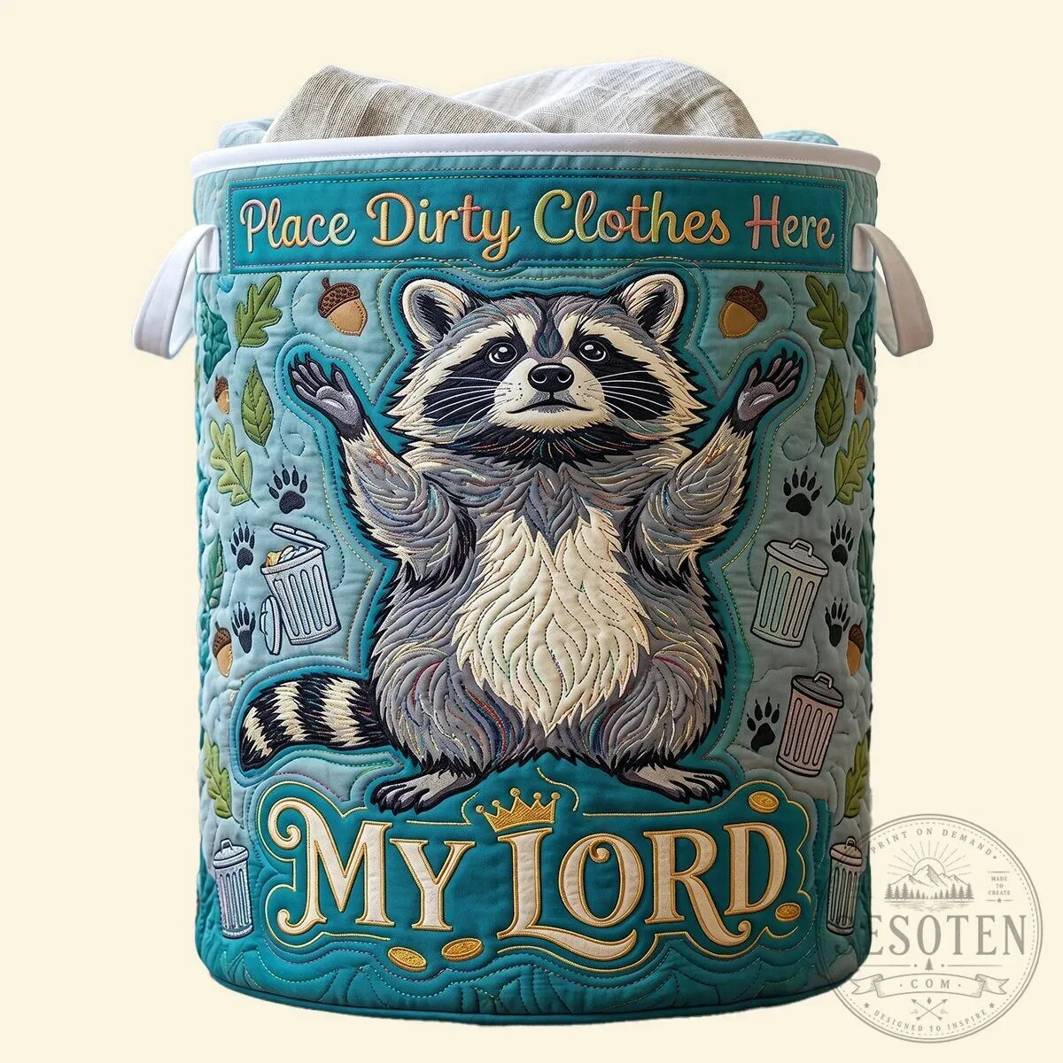 Adorable Raccoon Quilted Laundry Basket with "My Lord" Design 12 Adorable Raccoon Quilted Laundry Basket with "My Lord" Design