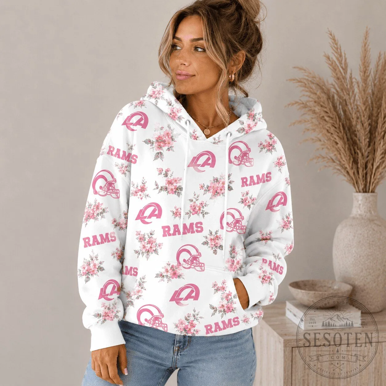 Los Angeles Rams Floral Pink Team Logo Pattern Hoodie for Women