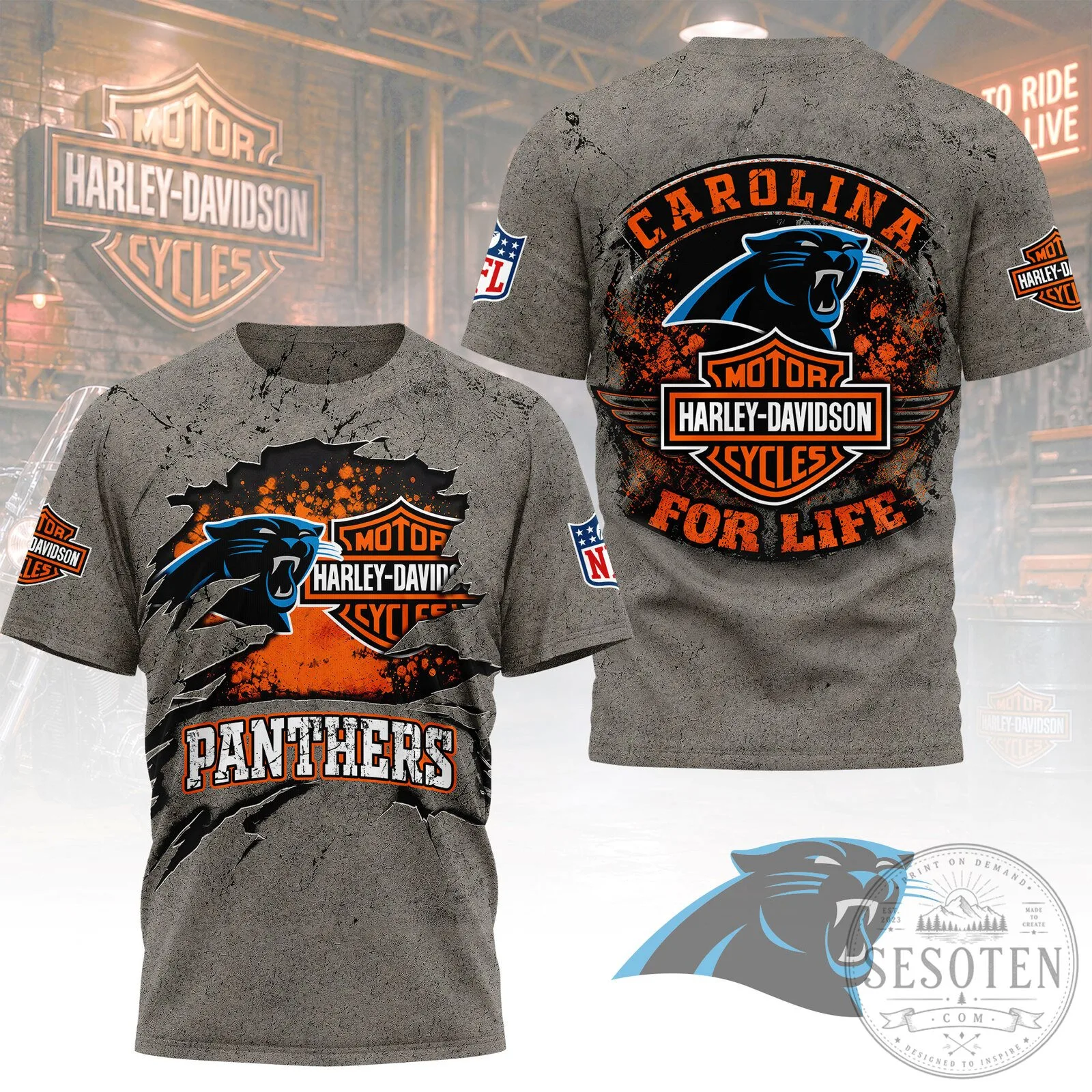 Carolina Panthers Harley-Davidson For Life Distressed Gray T-Shirt