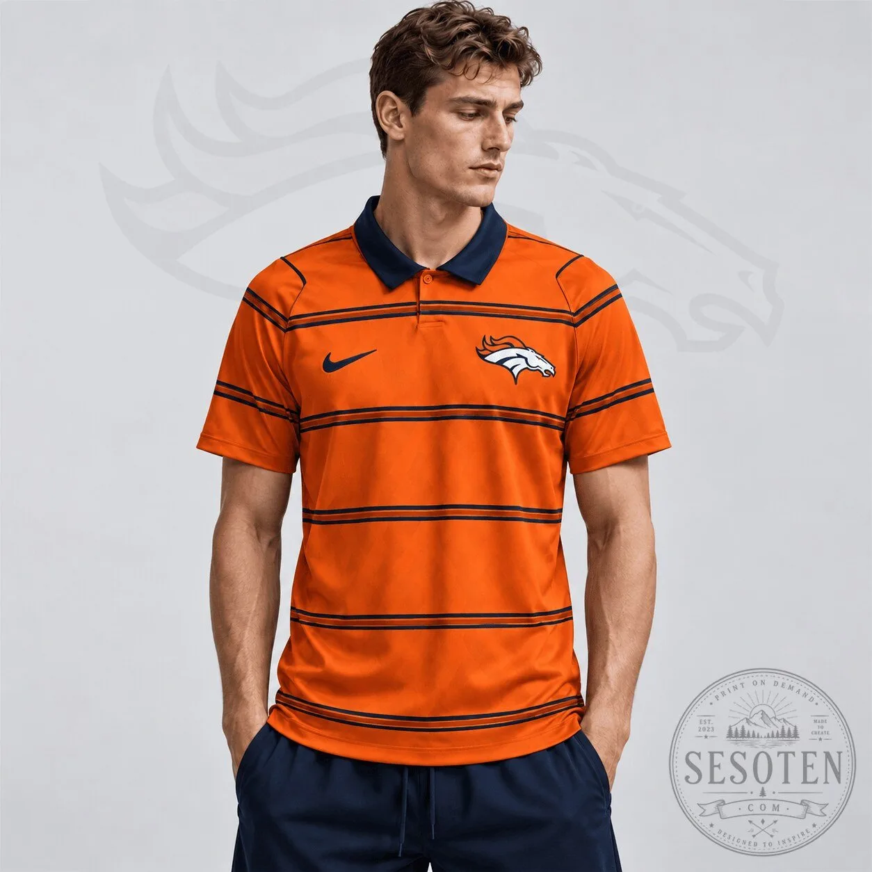 Denver Broncos National Football League Team Crest Orange Striped Polo Shirt 1 Denver Broncos National Football League Team Crest Orange Striped Polo Shirt