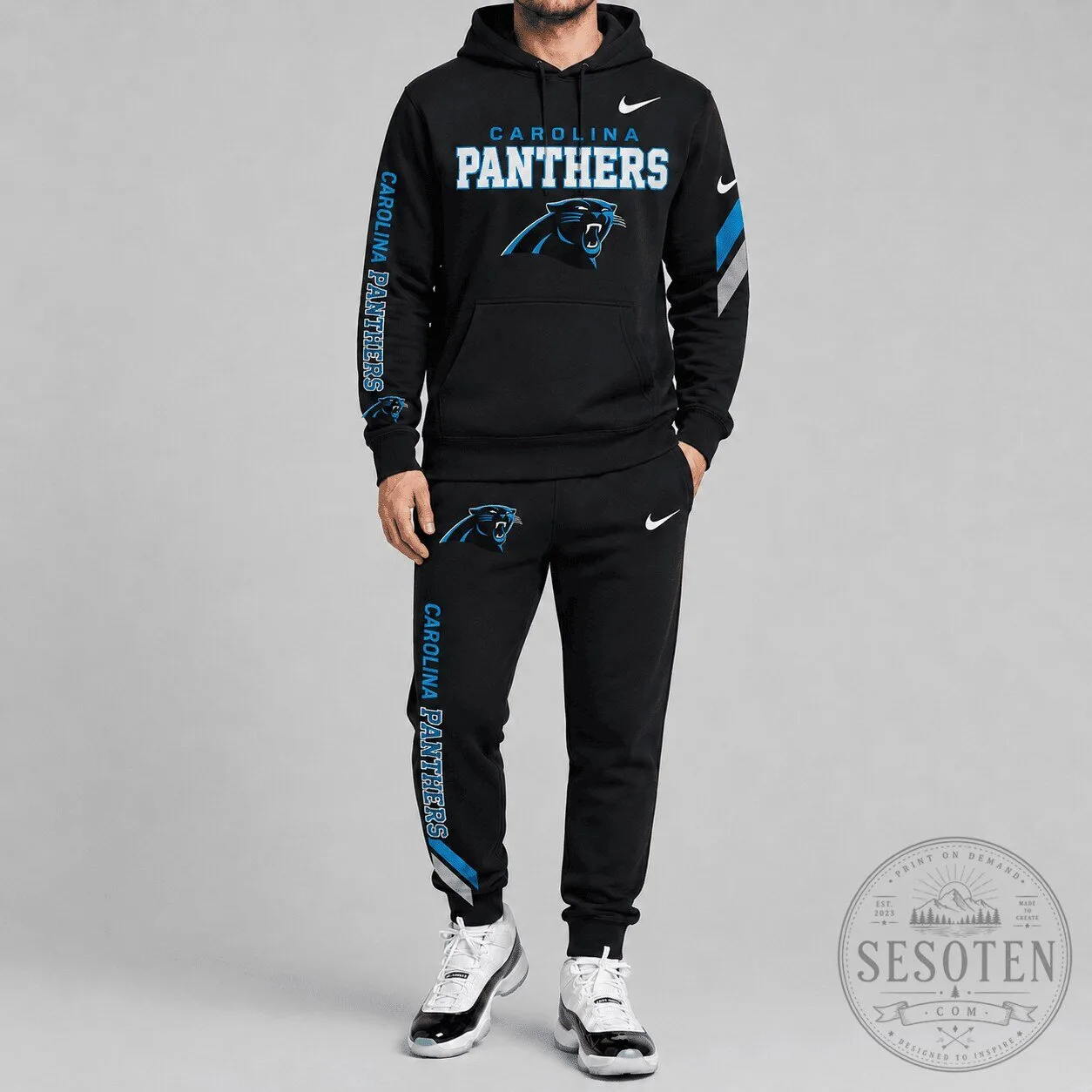 Black Hoodie and Jogger Pants Set featuring Carolina Panthers NFL Team Logo