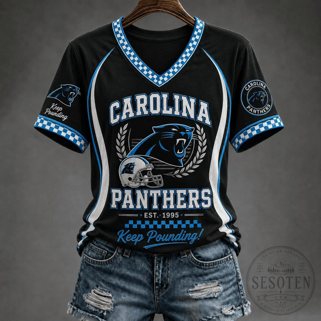 Carolina Panthers Football Team Spirit V-Neck Short Sleeve T-Shirt