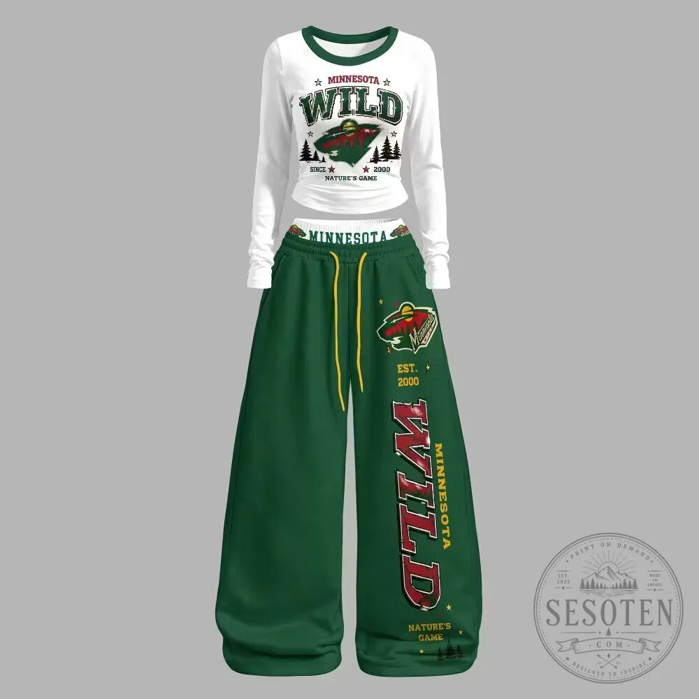 Long Sleeve Shirt and Wide Leg Pants Set - Minnesota Wild Nature's Game Outfit