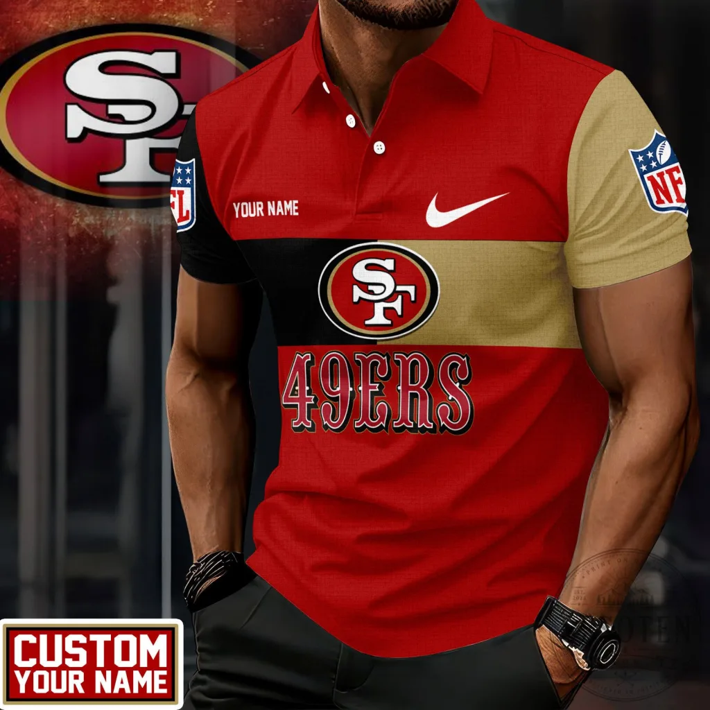 San Francisco 49ers NFL Football Team Custom Name Red Gold Black Polo Shirt San Francisco 49ers NFL Football Team Custom Name Red Gold Black Polo Shirt