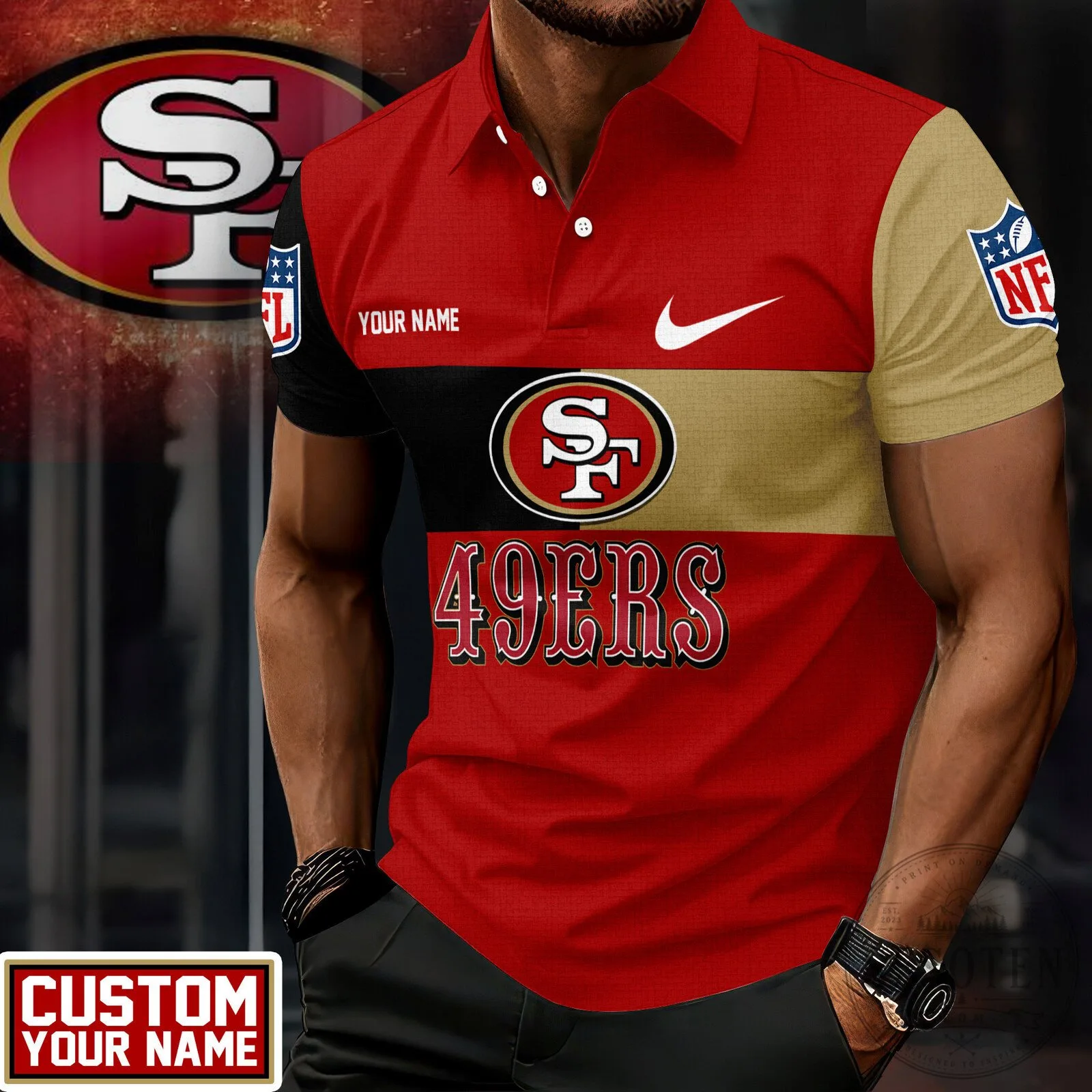 San Francisco 49ers NFL Football Team Custom Name Red Gold Black Polo Shirt