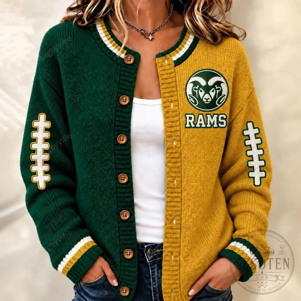 Colorado State Rams Football Team Green Yellow Split Varsity Cardigan Sweater
