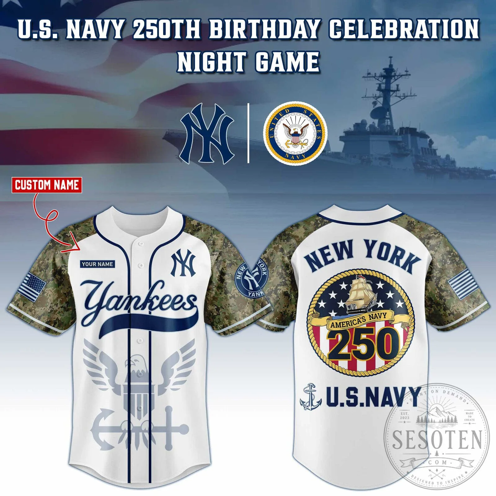 New York Yankees Game U.S. Navy 250th Birthday Celebration Baseball Jersey