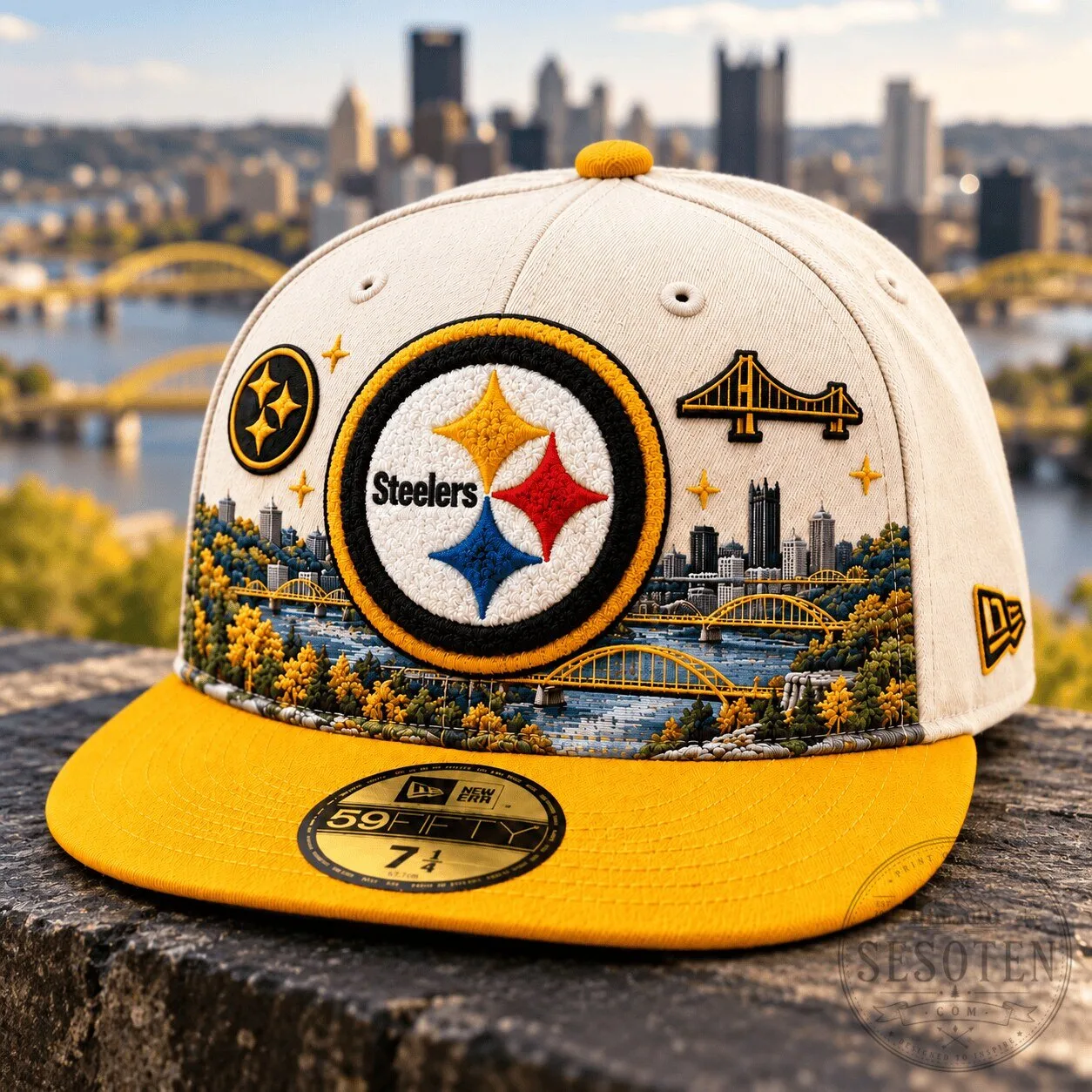 Pittsburgh Steelers Cityscape Embroidered Cream And Yellow Cap Hat