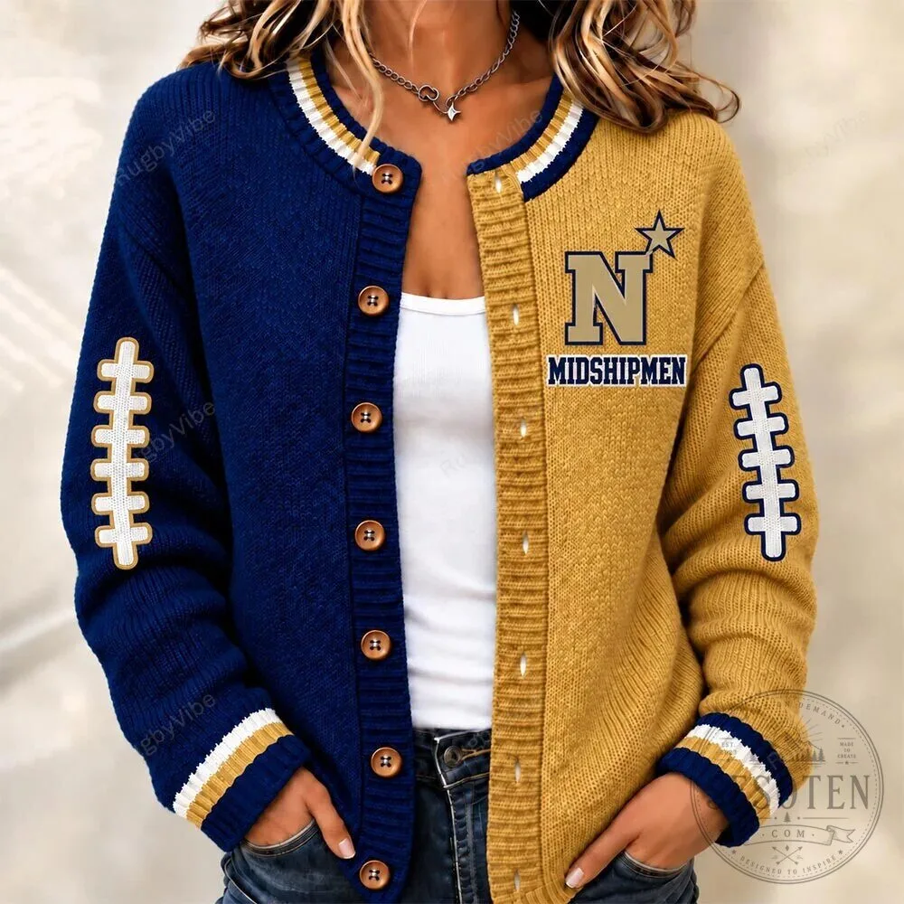 Navy Midshipmen Football Team Gold and Blue Knit Cardigan Sweater