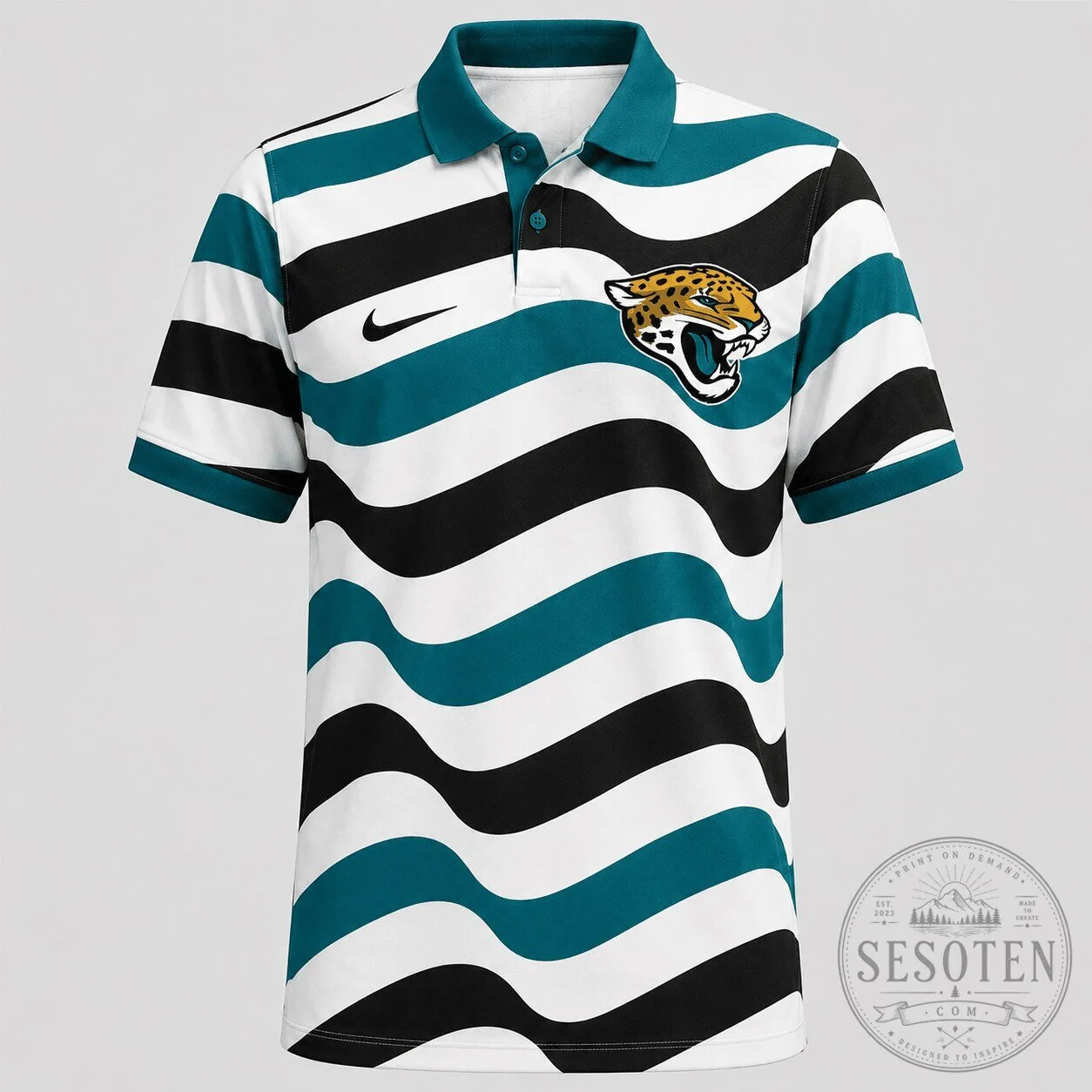 Jacksonville Jaguars NFL Wavy Stripe Teal Black White Polo Shirt
