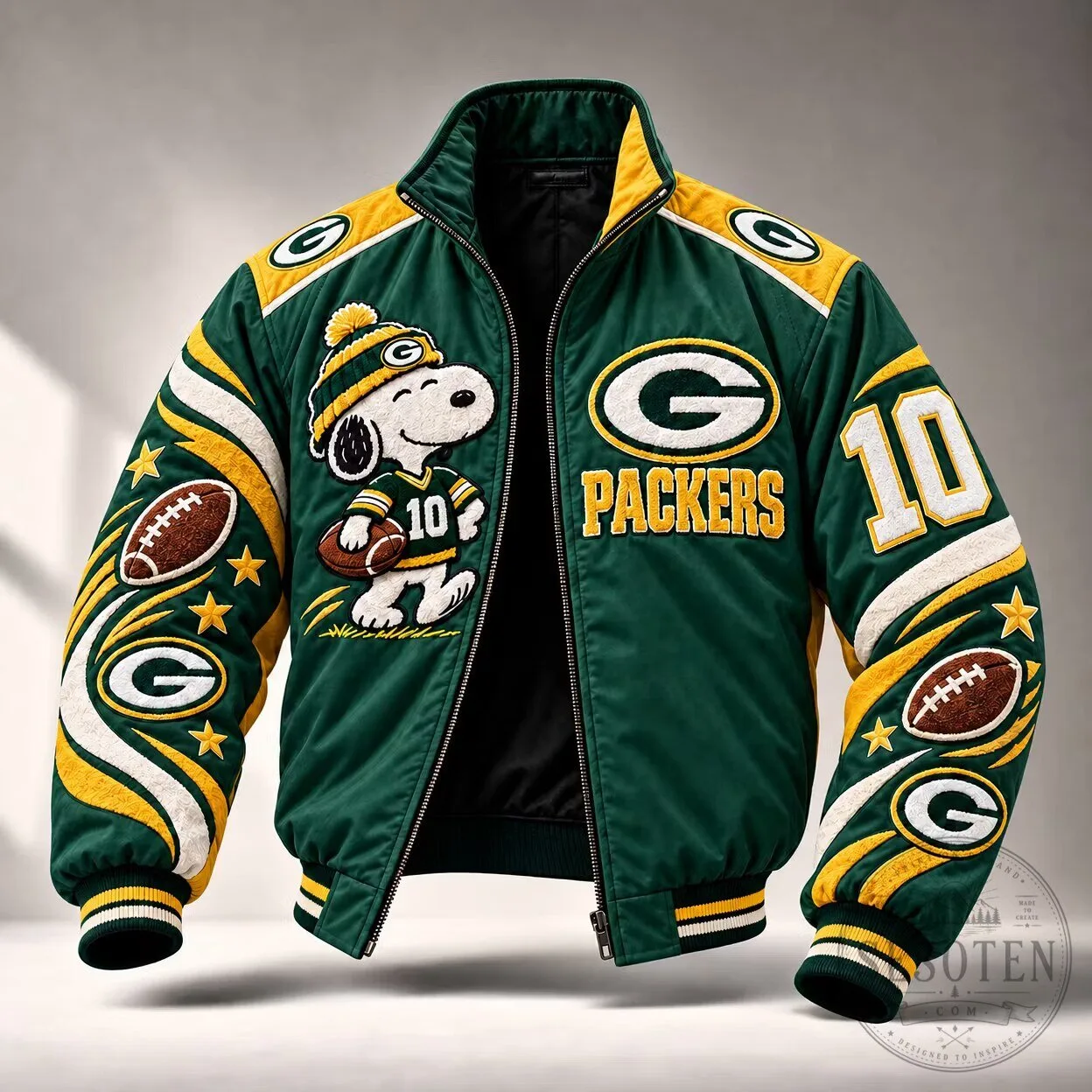 Green Bay Packers Snoopy Cartoon Graphic Full-Zip Bomber Jacket