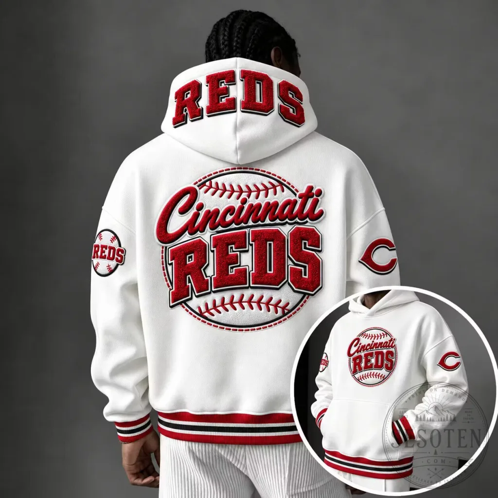 Oversized White Hoodie featuring Cincinnati Reds Baseball Team Logo for Men and Women 32 Oversized White Hoodie featuring Cincinnati Reds Baseball Team Logo for Men and Women
