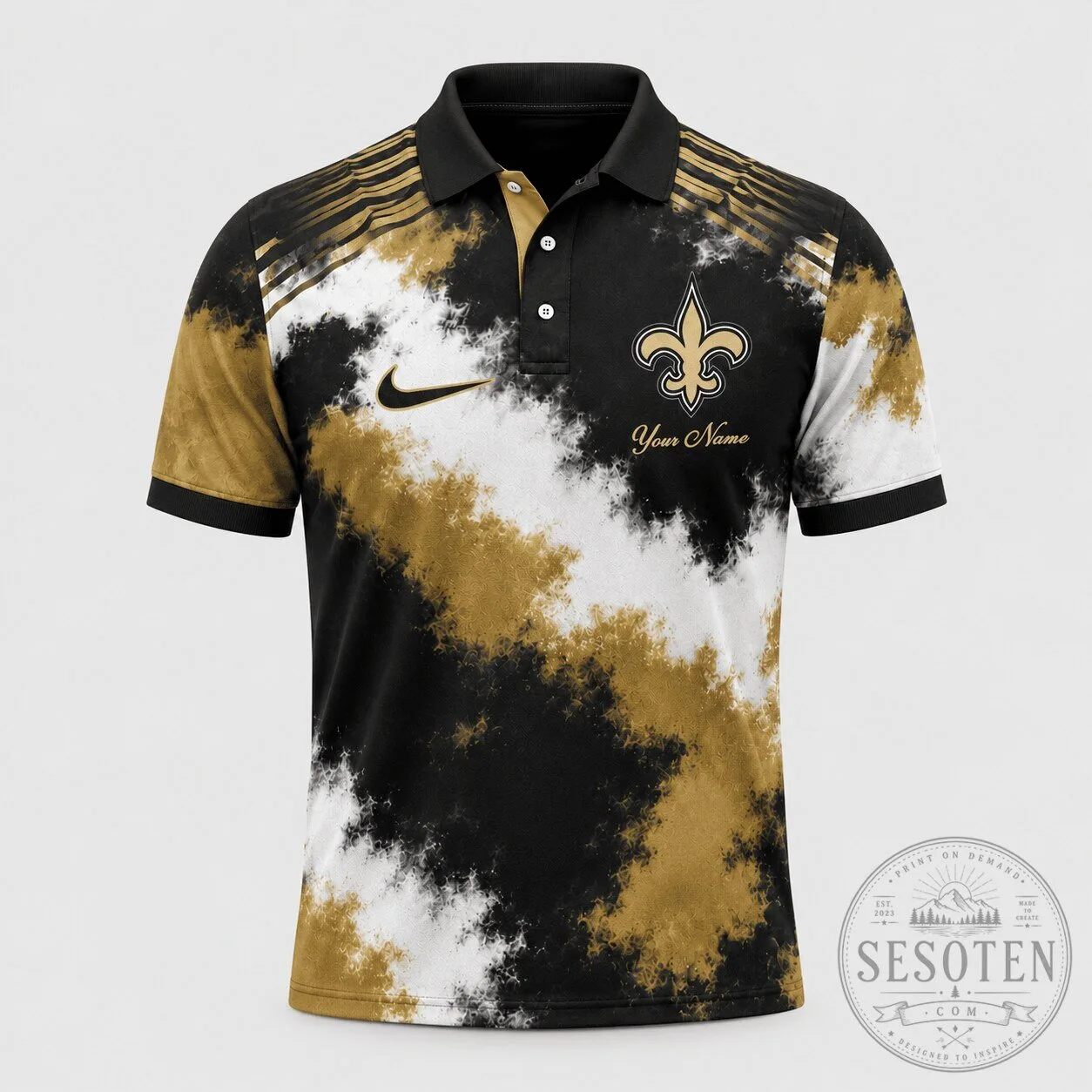 New Orleans Saints Personalized Black Gold White Splatter Polo Shirt