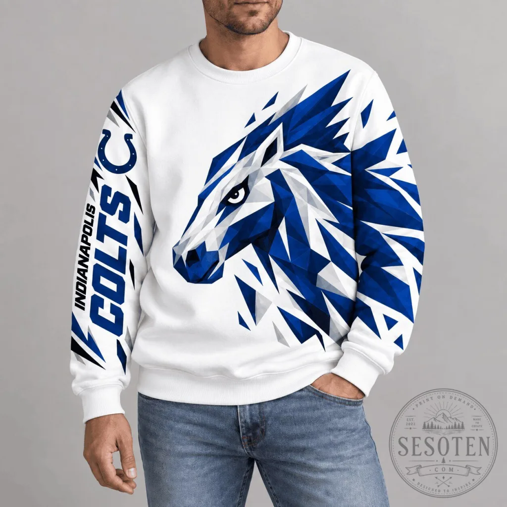 Indianapolis Colts NFL Team Polygonal Mascot Design White Crewneck Sweatshirt Indianapolis Colts NFL Team Polygonal Mascot Design White Crewneck Sweatshirt