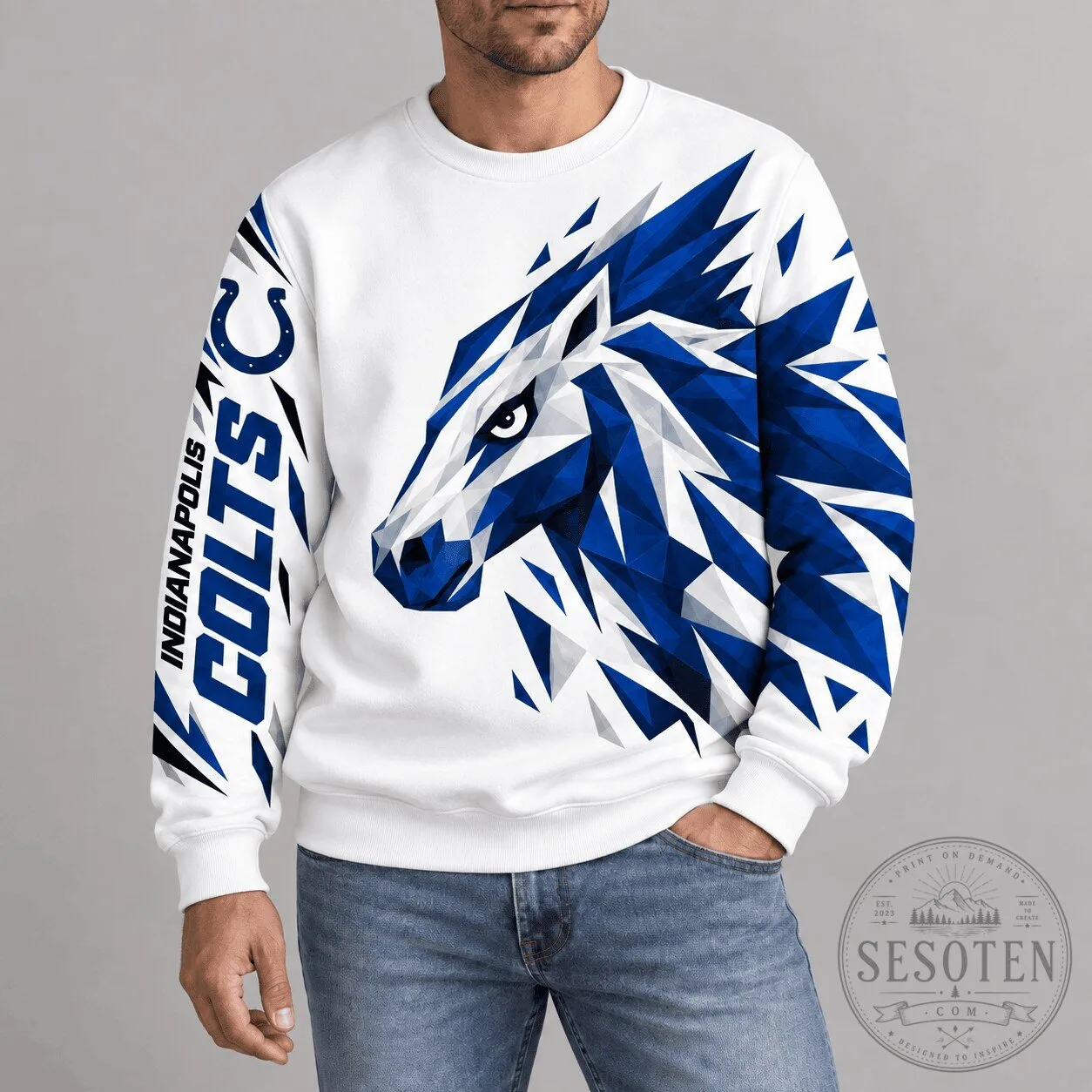 Indianapolis Colts NFL Team Polygonal Mascot Design White Crewneck Sweatshirt