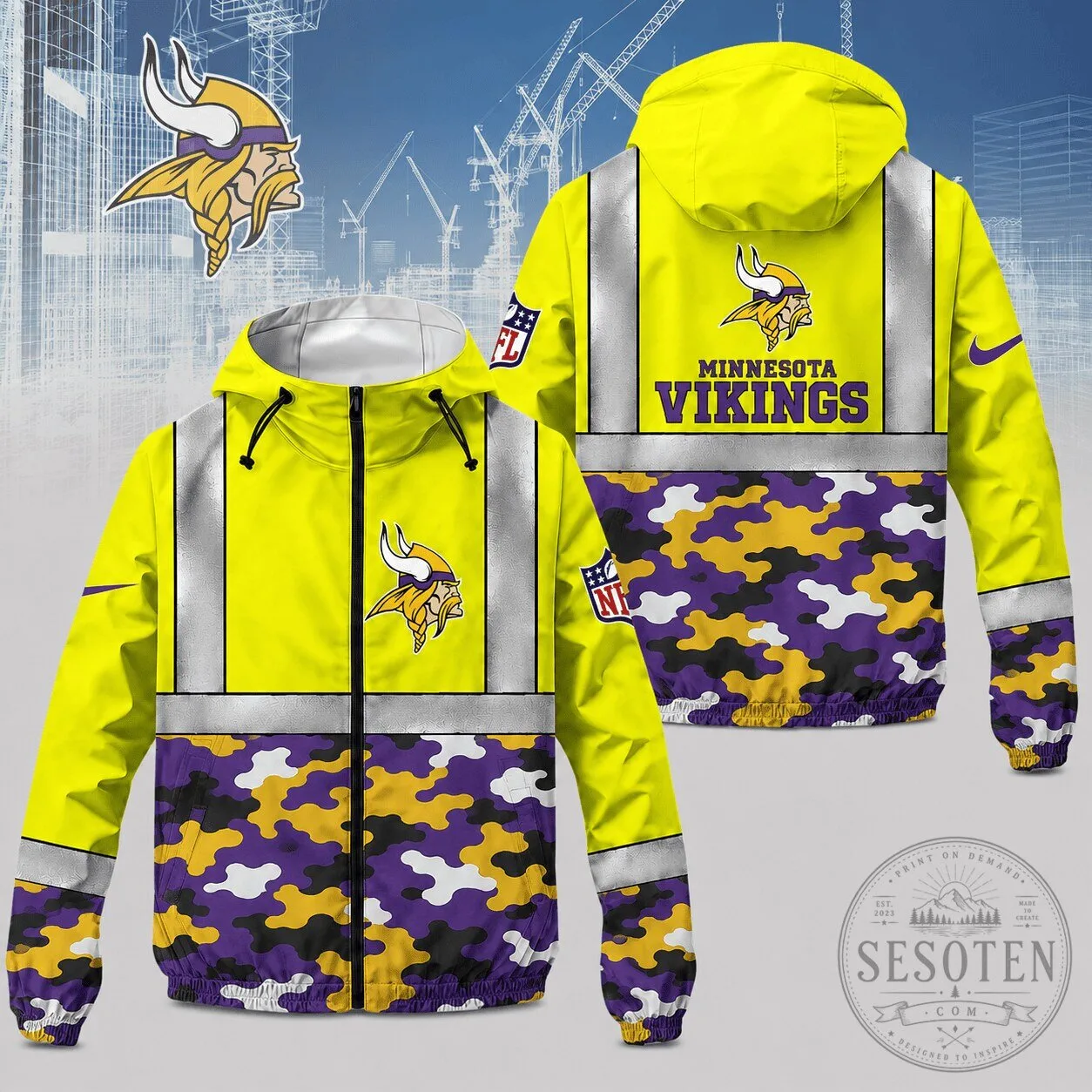 Minnesota Vikings NFL High Visibility Reflective Camouflage Windbreaker Jacket