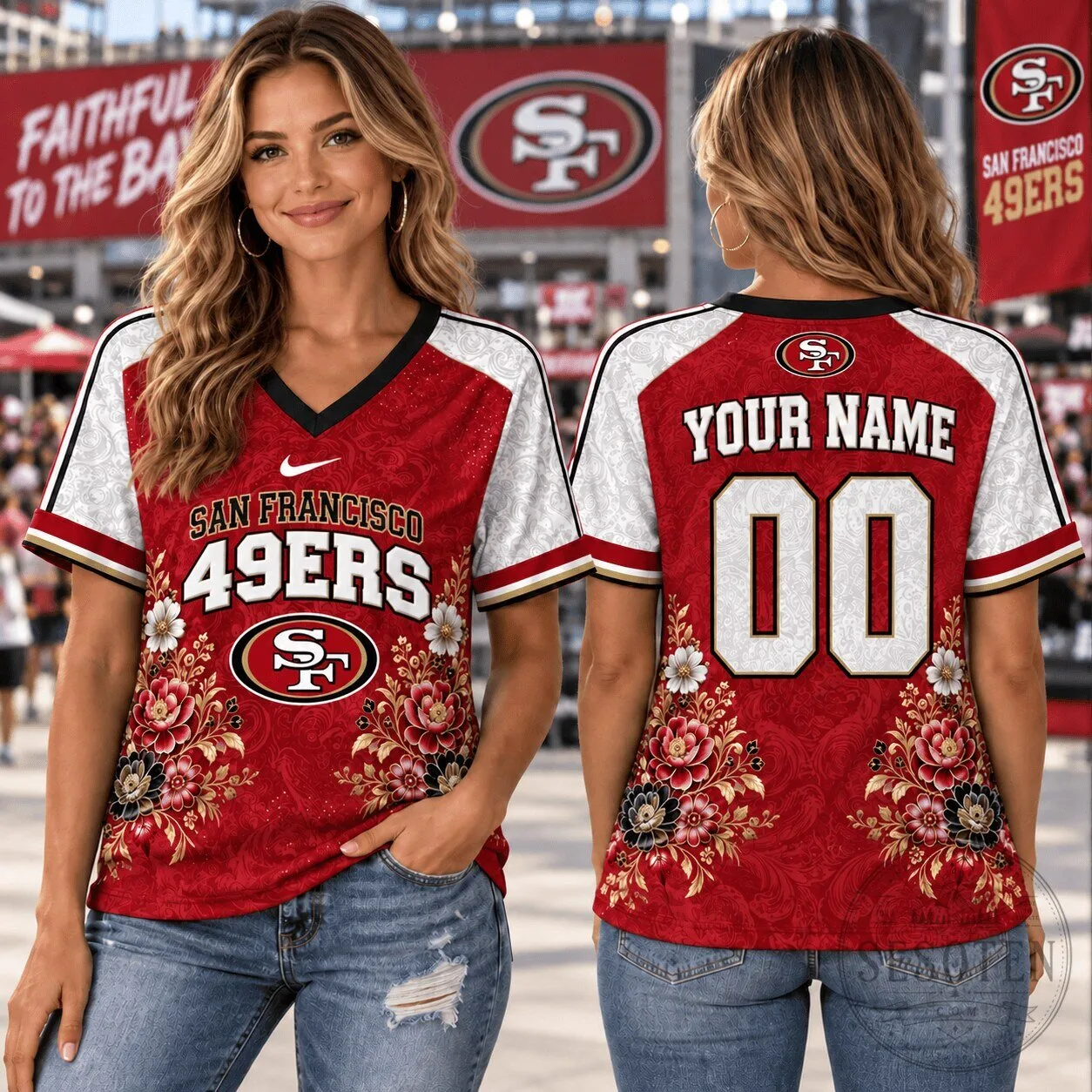 San Francisco 49ers Personalized V-Neck T-Shirt for Women Football Fan