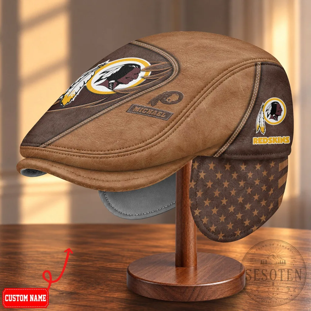 Washington Redskins NFL Football Team Brown Flat Cap Hat with Foldable Ear Flaps Washington Redskins NFL Football Team Brown Flat Cap Hat with Foldable Ear Flaps
