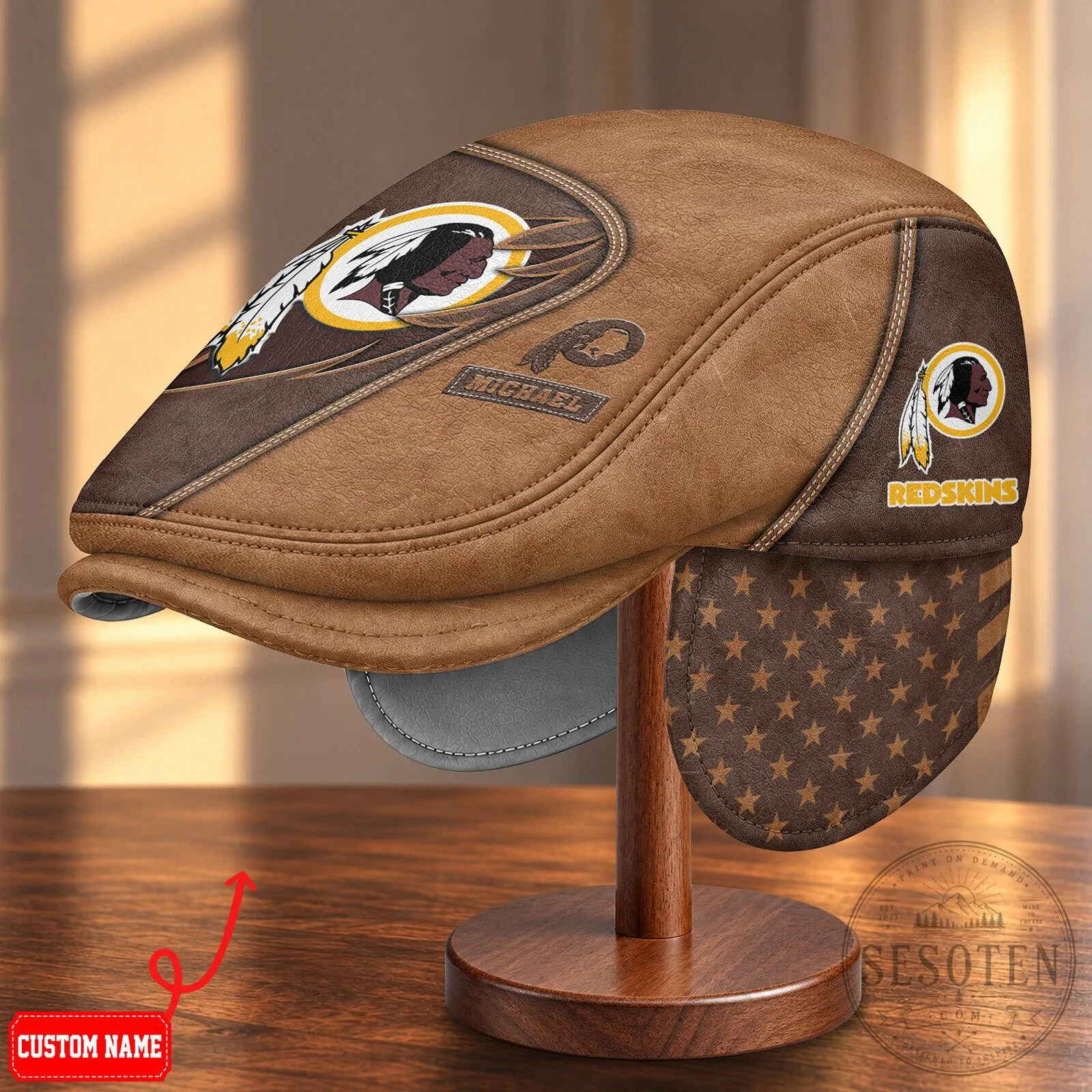 Washington Redskins NFL Football Team Brown Flat Cap Hat with Foldable Ear Flaps