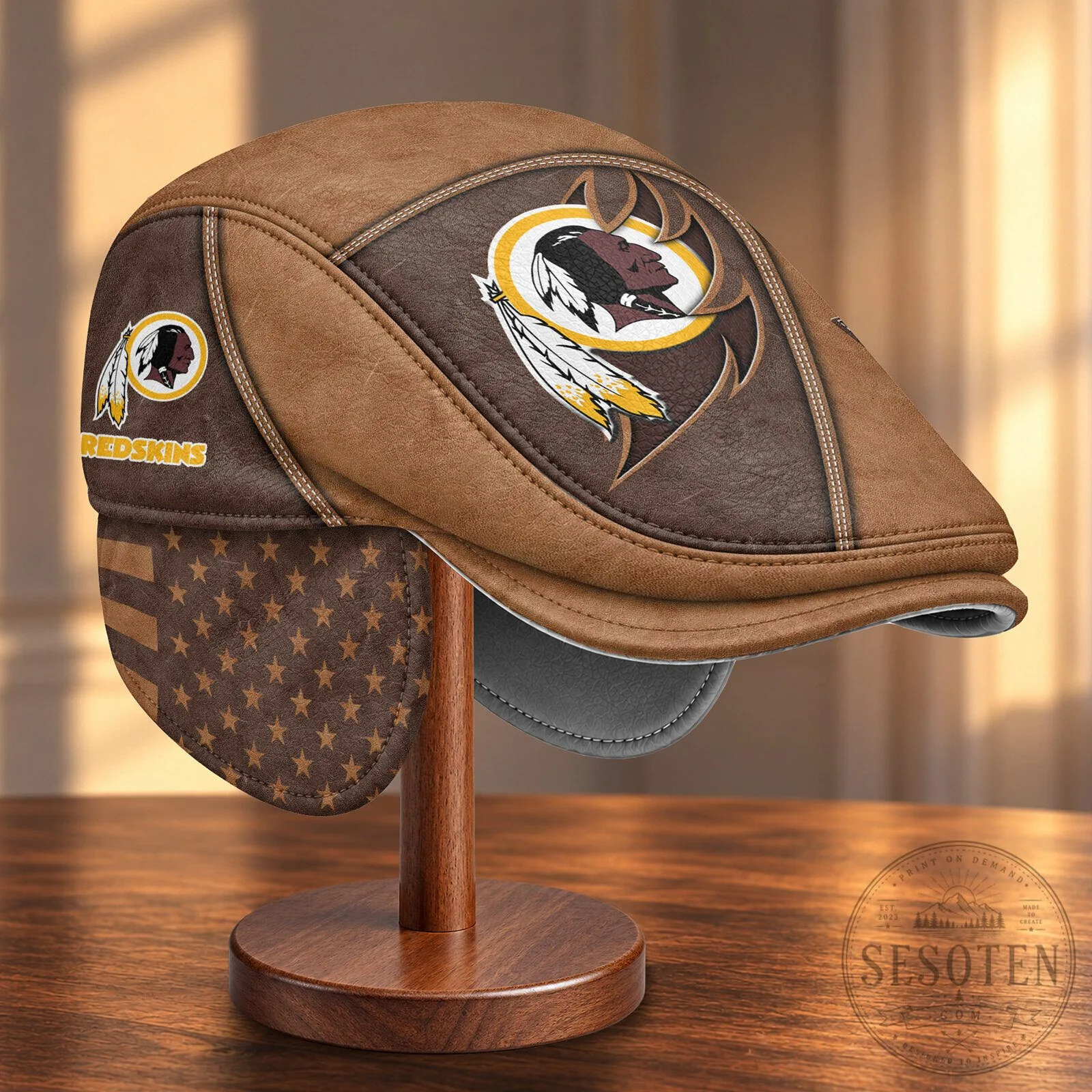 Washington Redskins NFL Football Team Brown Flat Cap Hat with Foldable Ear Flaps 10 Washington Redskins NFL Football Team Brown Flat Cap Hat with Foldable Ear Flaps