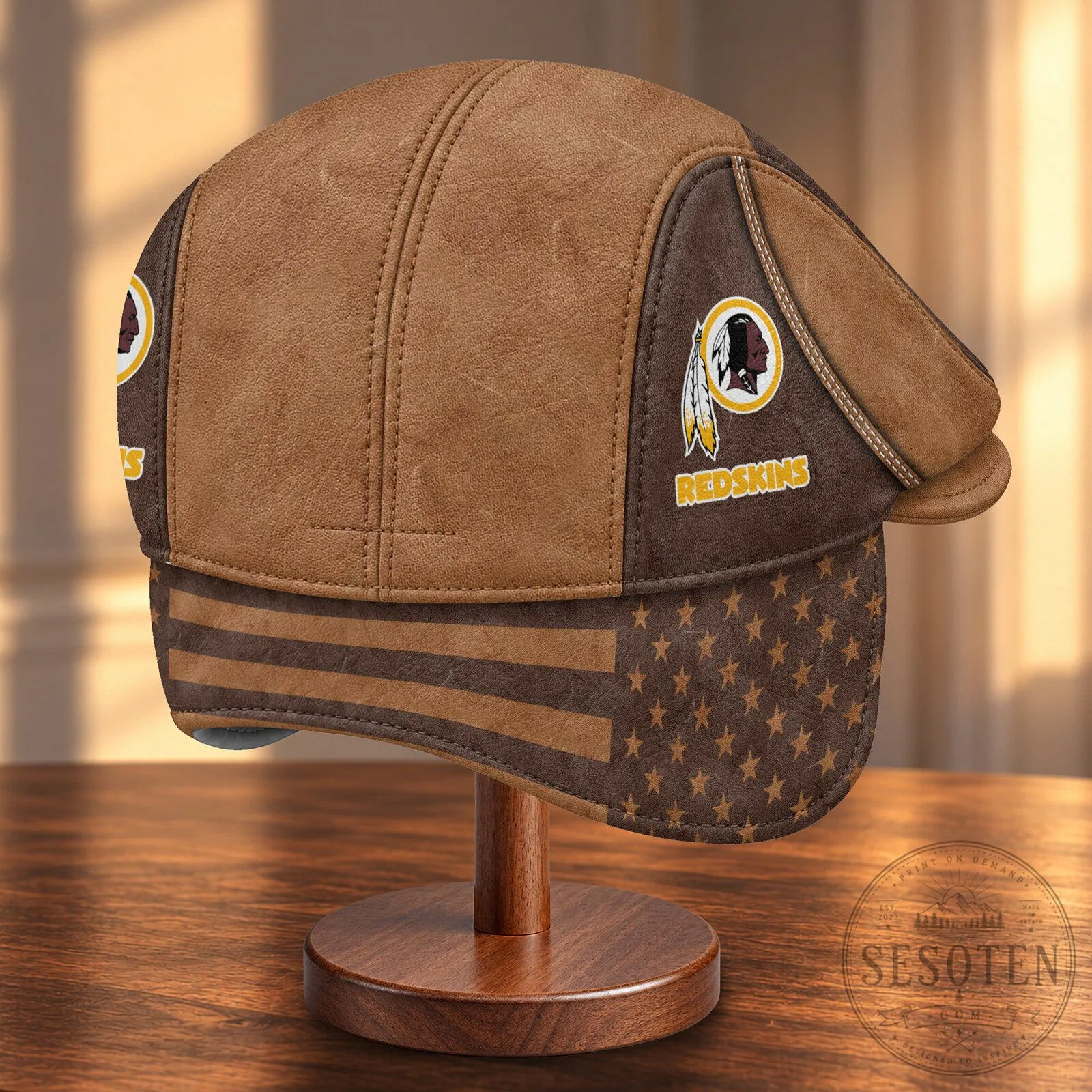 Washington Redskins NFL Football Team Brown Flat Cap Hat with Foldable Ear Flaps 12 Washington Redskins NFL Football Team Brown Flat Cap Hat with Foldable Ear Flaps