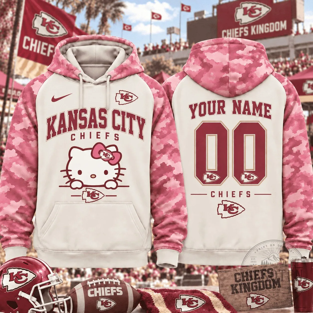 Custom Hoodie with Pink Camouflage Featuring Hello Kitty for Kansas City Chiefs Fans 1 Custom Hoodie with Pink Camouflage Featuring Hello Kitty for Kansas City Chiefs Fans