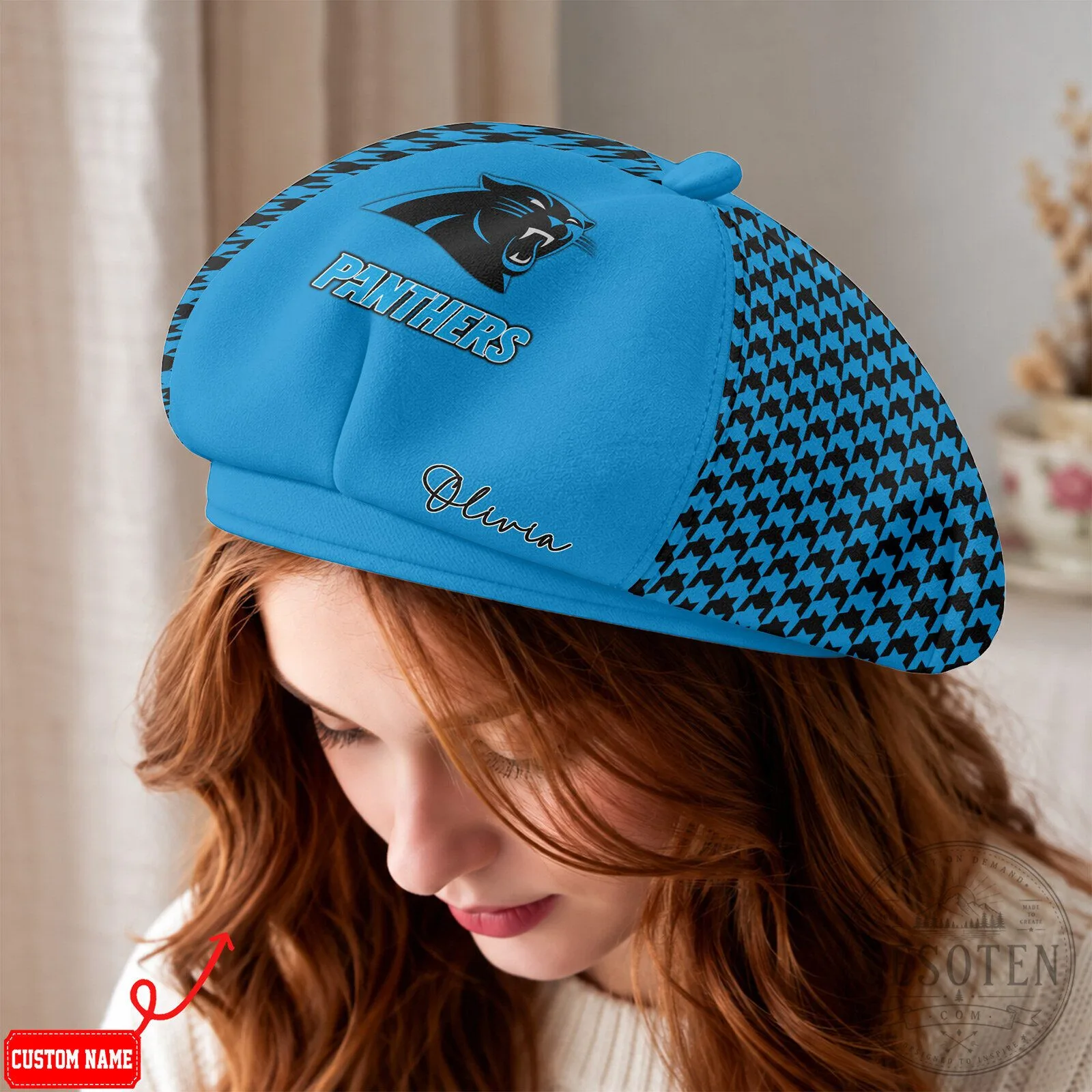 Carolina Panthers NFL Houndstooth Personalized Beret Cap Hat