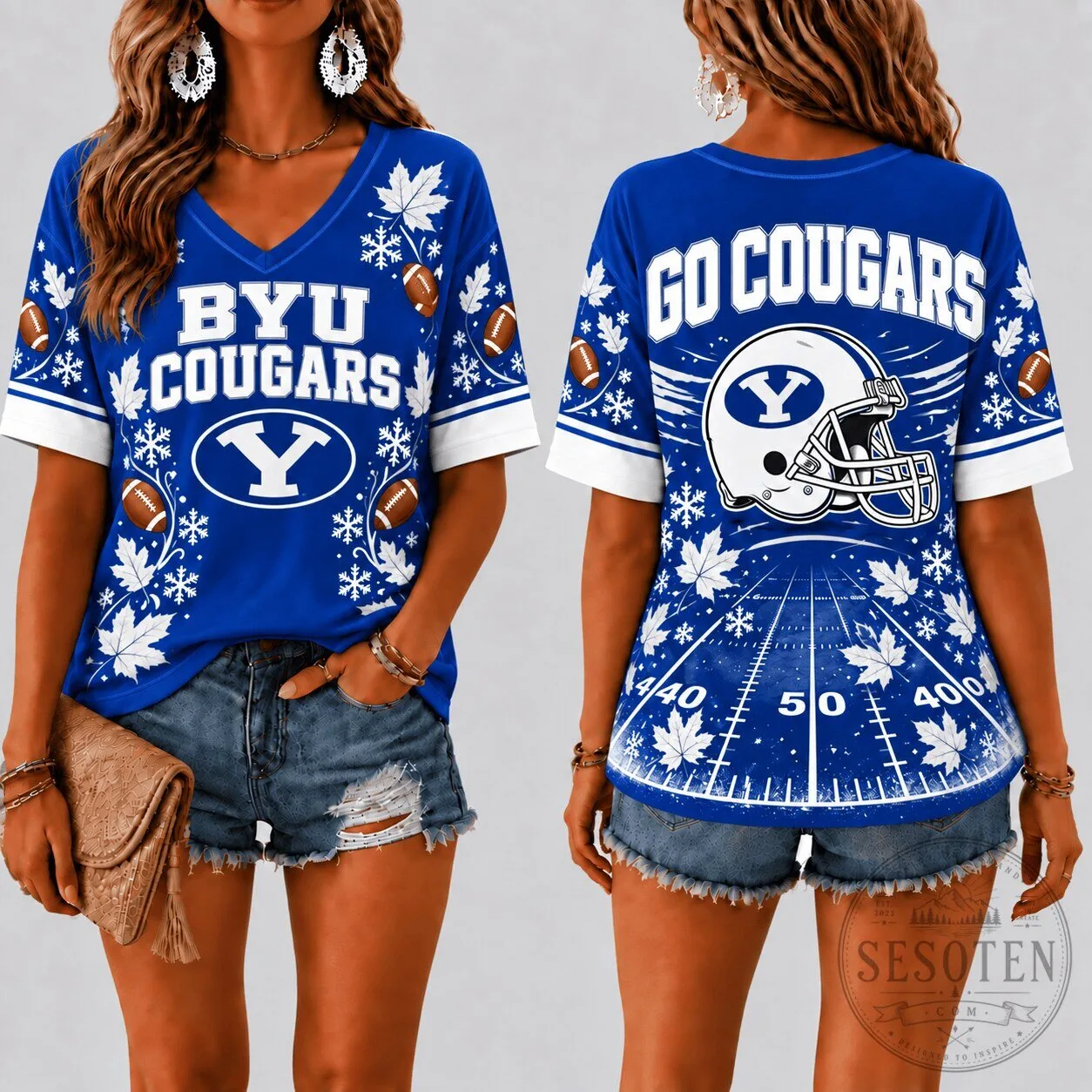Brigham Young University Cougars Football Fall Season V-Neck T-Shirt 5 Brigham Young University Cougars Football Fall Season V-Neck T-Shirt