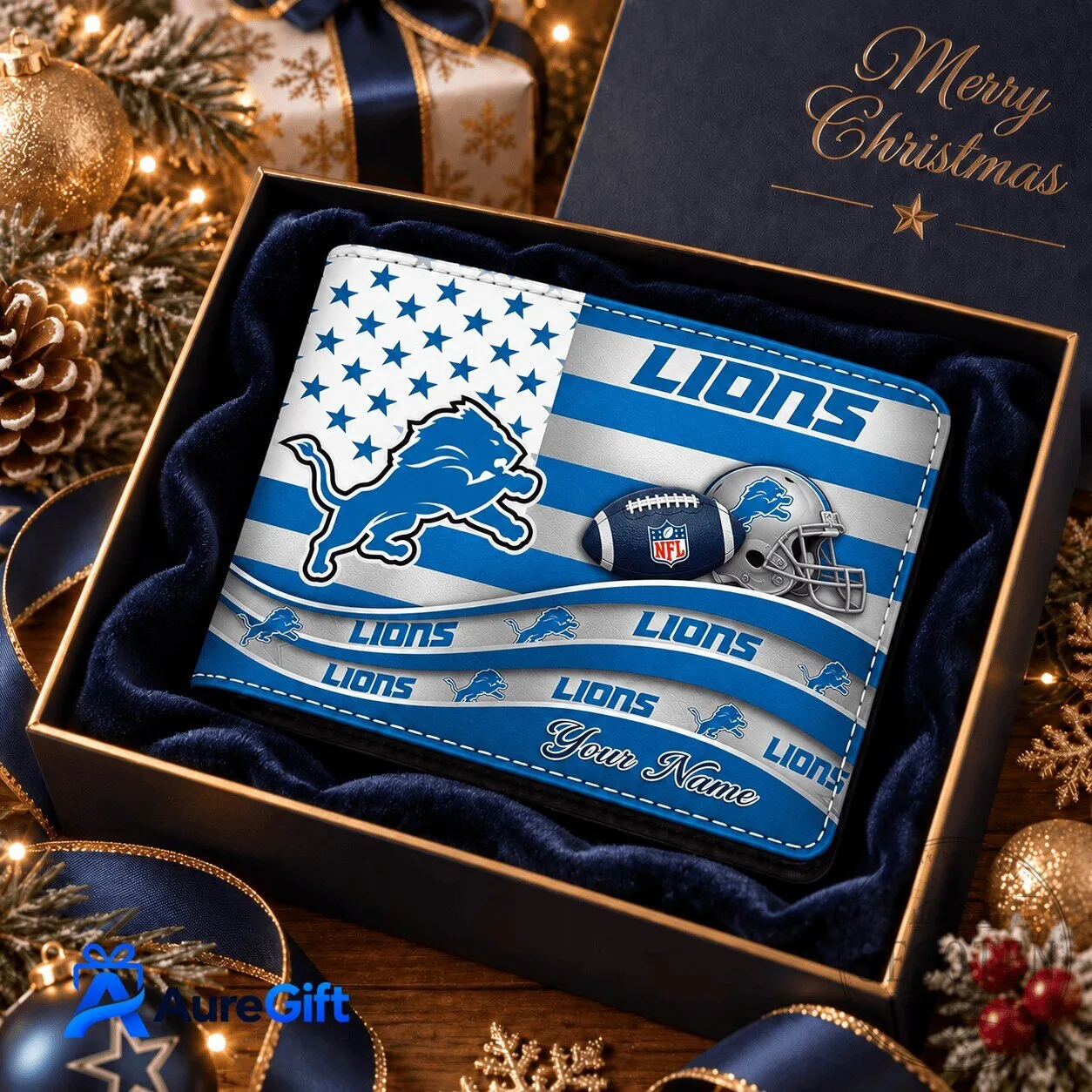 Detroit Lions NFL Football Team Personalized American Flag Wallet