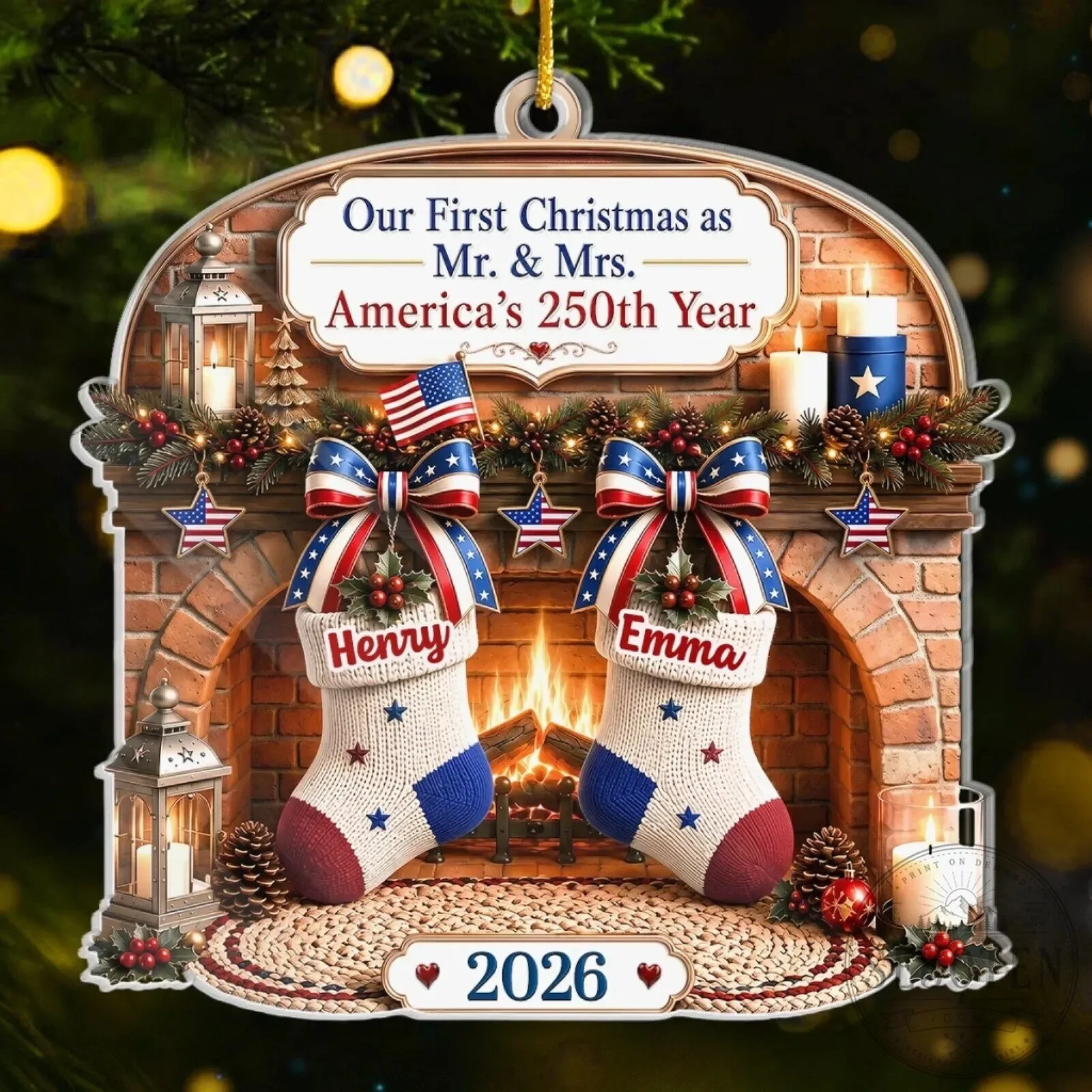 Our First Christmas as Mr. and Mrs. America's 250th Year Personalized Ornament
