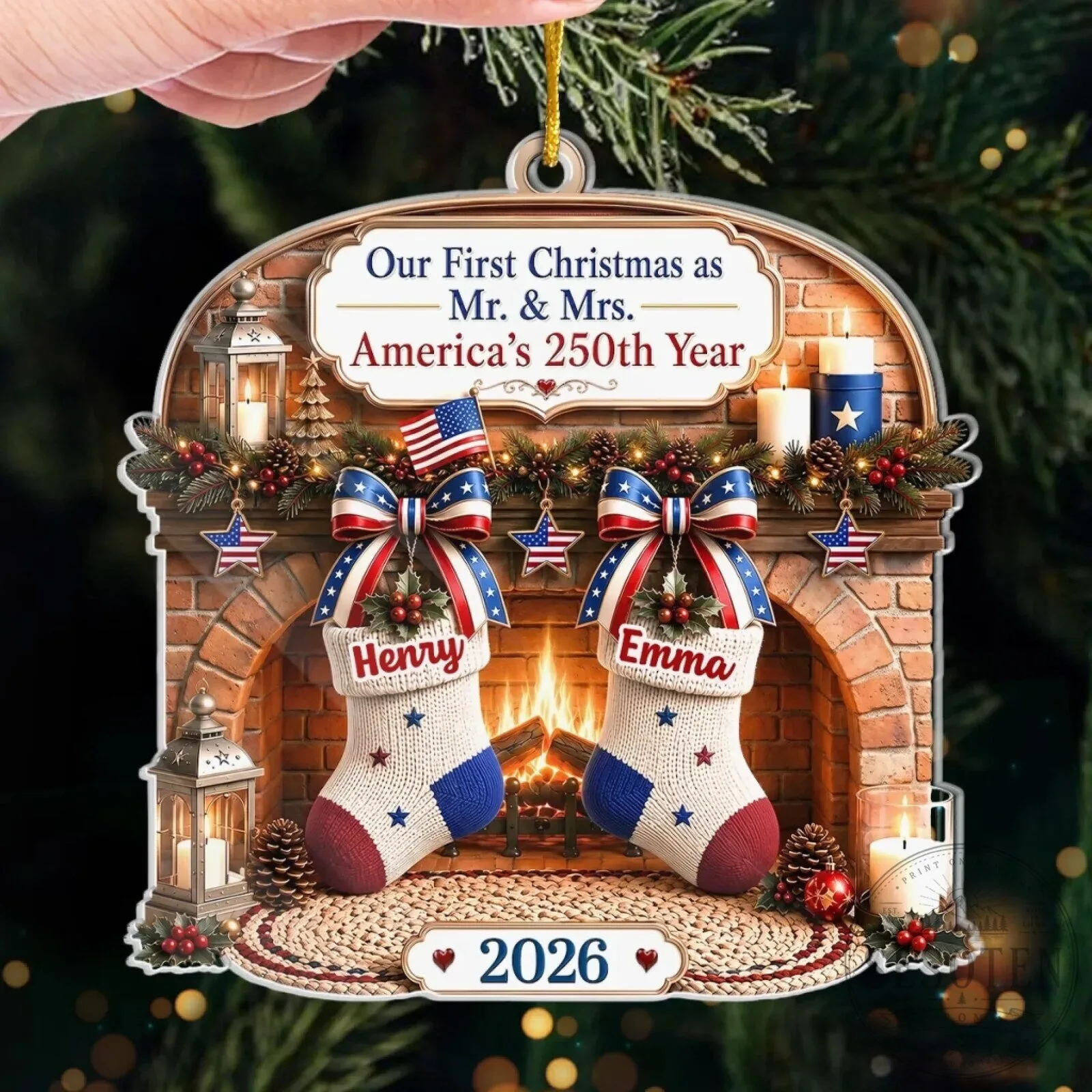 Our First Christmas as Mr. and Mrs. America's 250th Year Personalized Ornament 12 Our First Christmas as Mr. and Mrs. America