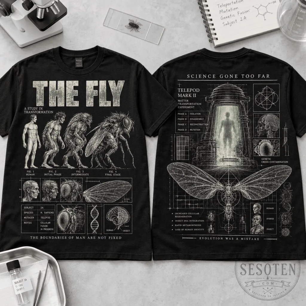 The Fly Science Gone Too Far Horror Movie Transformation Graphic T-Shirt The Fly Science Gone Too Far Horror Movie Transformation Graphic T-Shirt