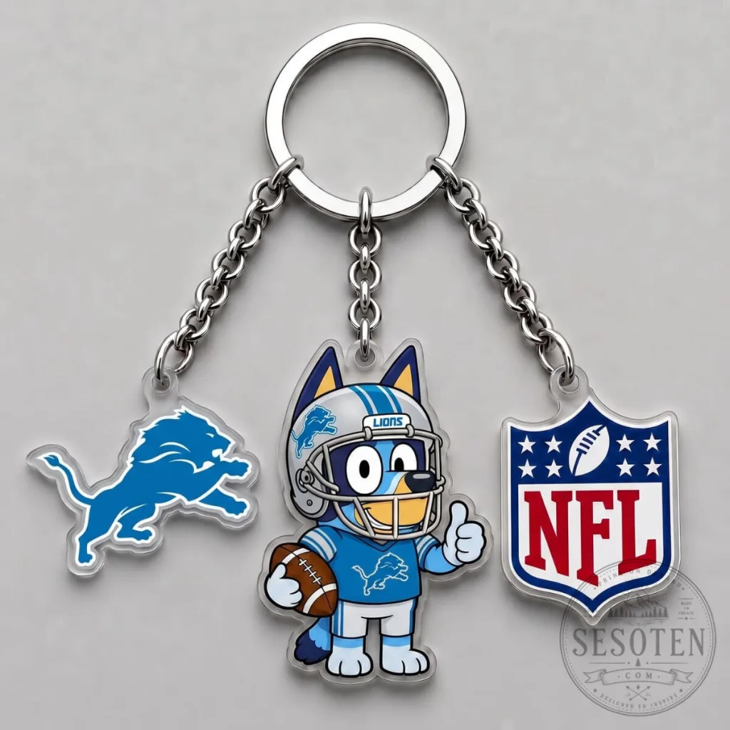 Detroit Lions Bluey Character Football Team Triple Charm Keychain 22 Detroit Lions Bluey Character Football Team Triple Charm Keychain