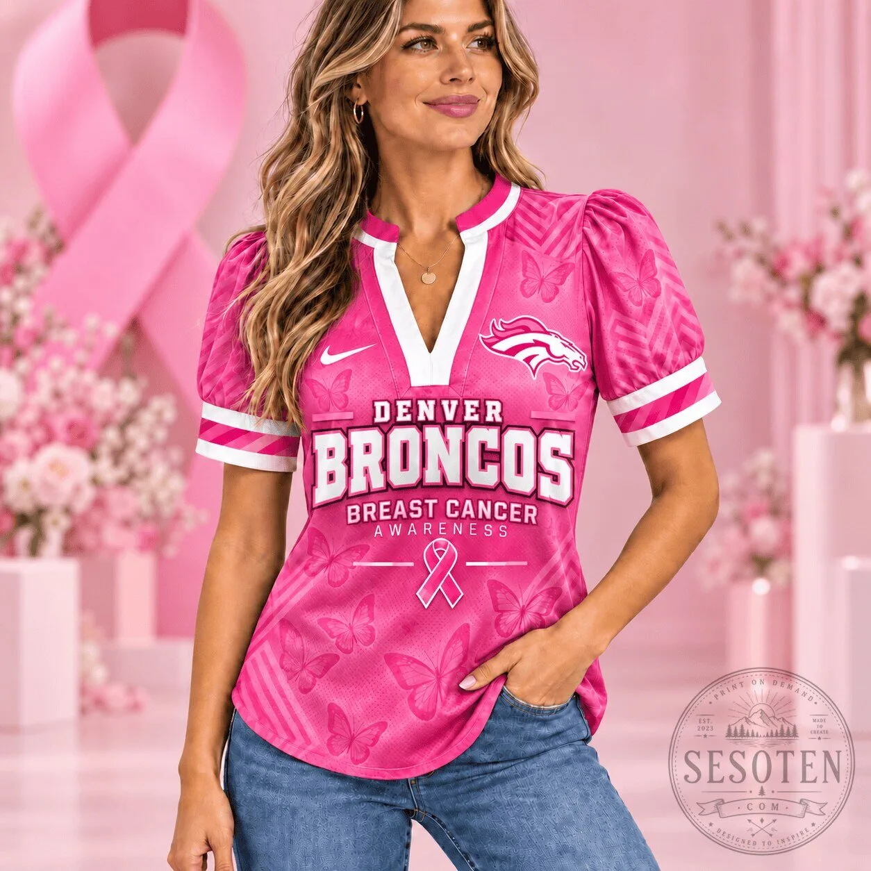 Denver Broncos Breast Cancer Awareness Pink Women's V-Neck Puff Sleeve T-Shirt