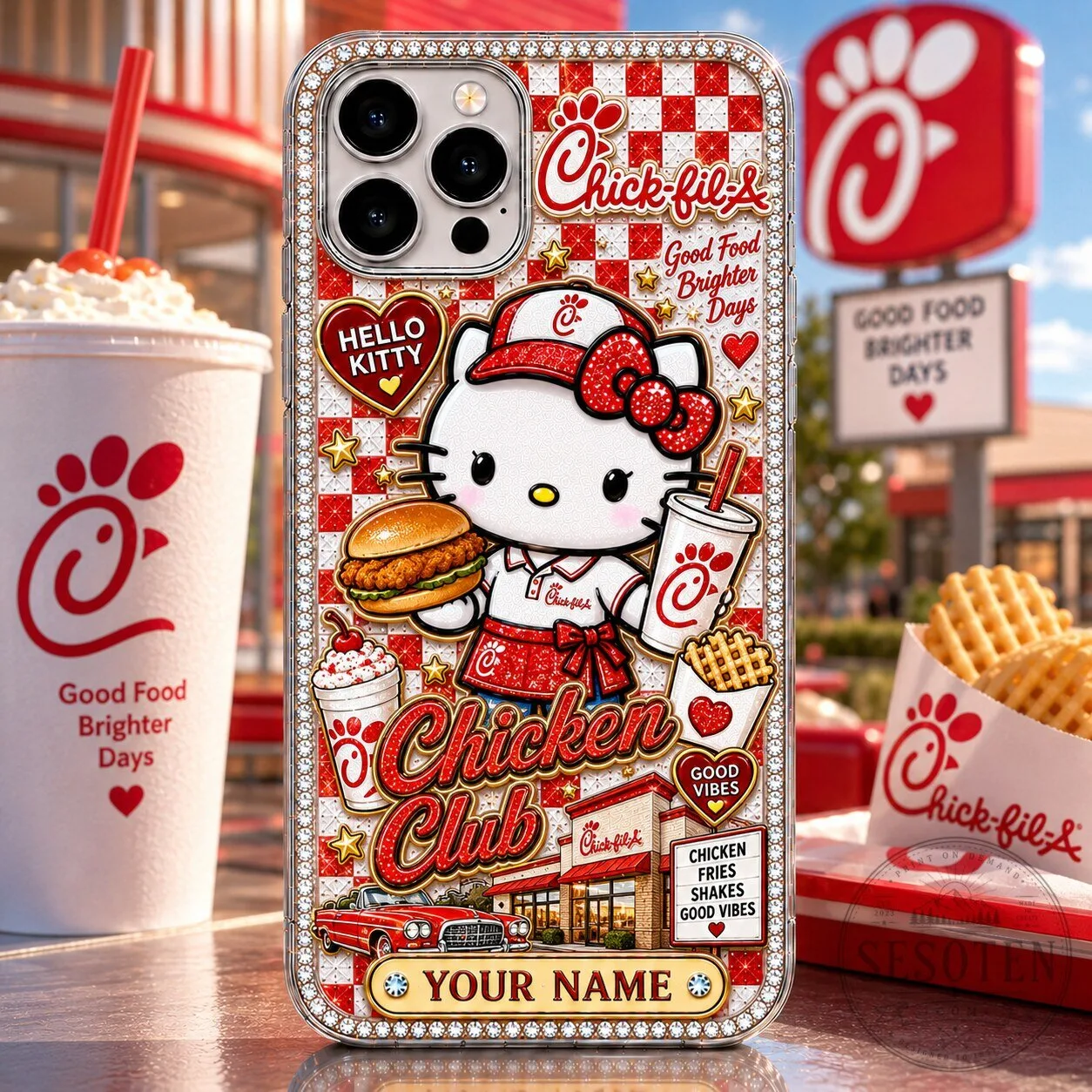 Hello Kitty Chick-fil-A Chicken Club Custom Name iPhone Phone Case