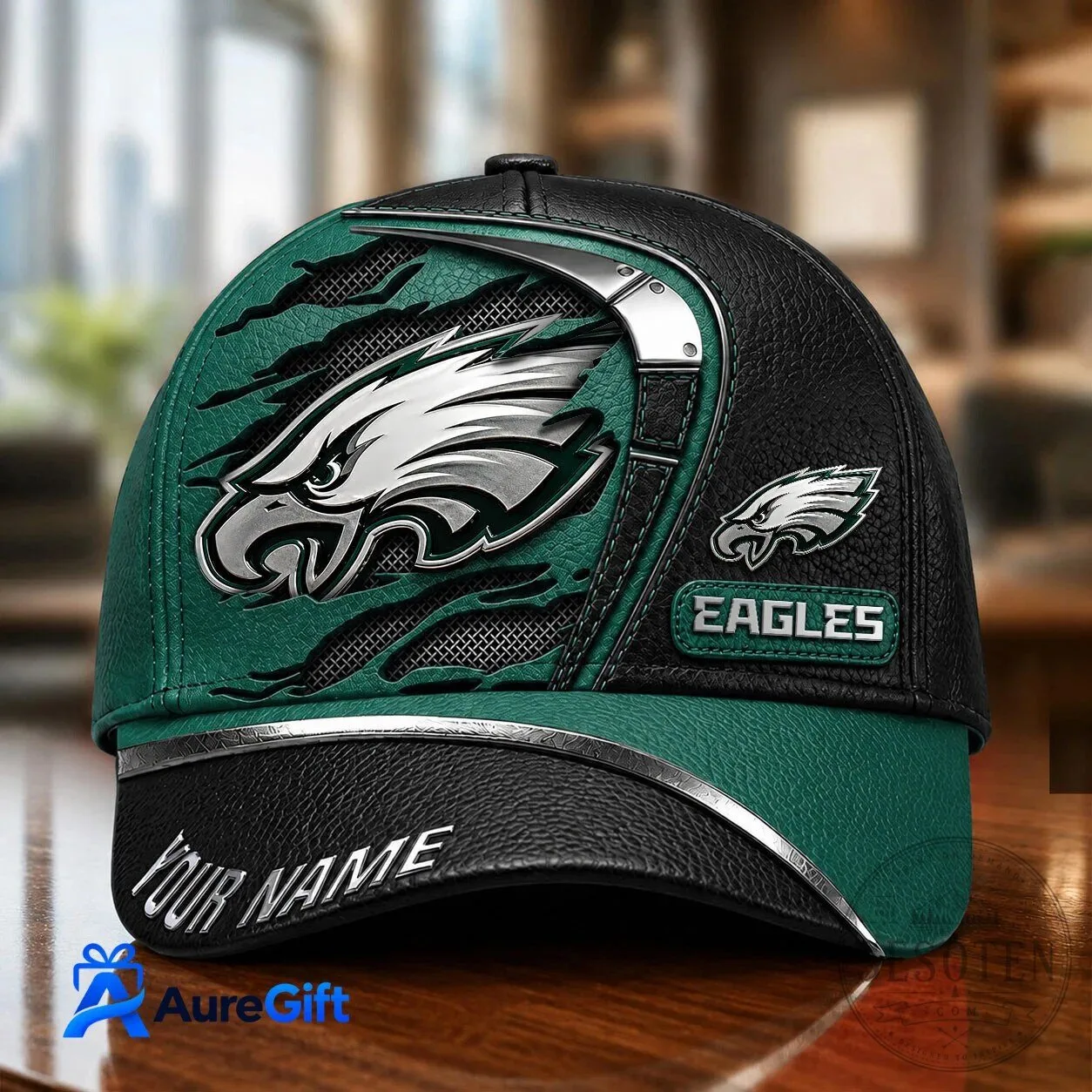 Philadelphia Eagles Custom Name Football Team Logo Black and Green Baseball Cap Hat