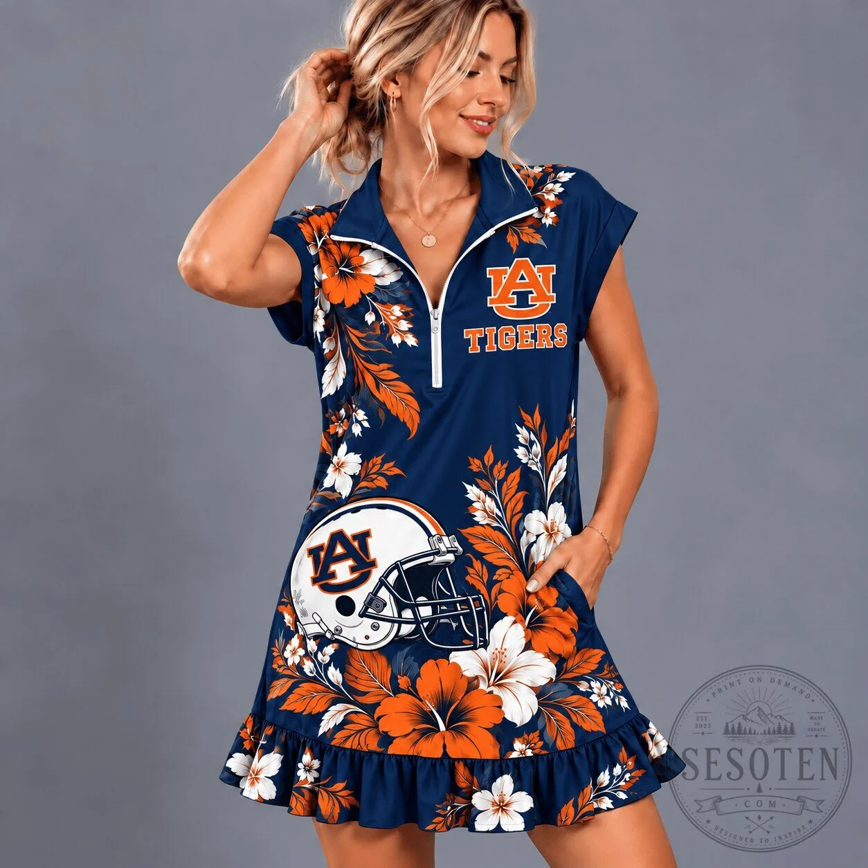 Auburn Tigers NCAA Football Team Spirit Floral Ruffle Dress