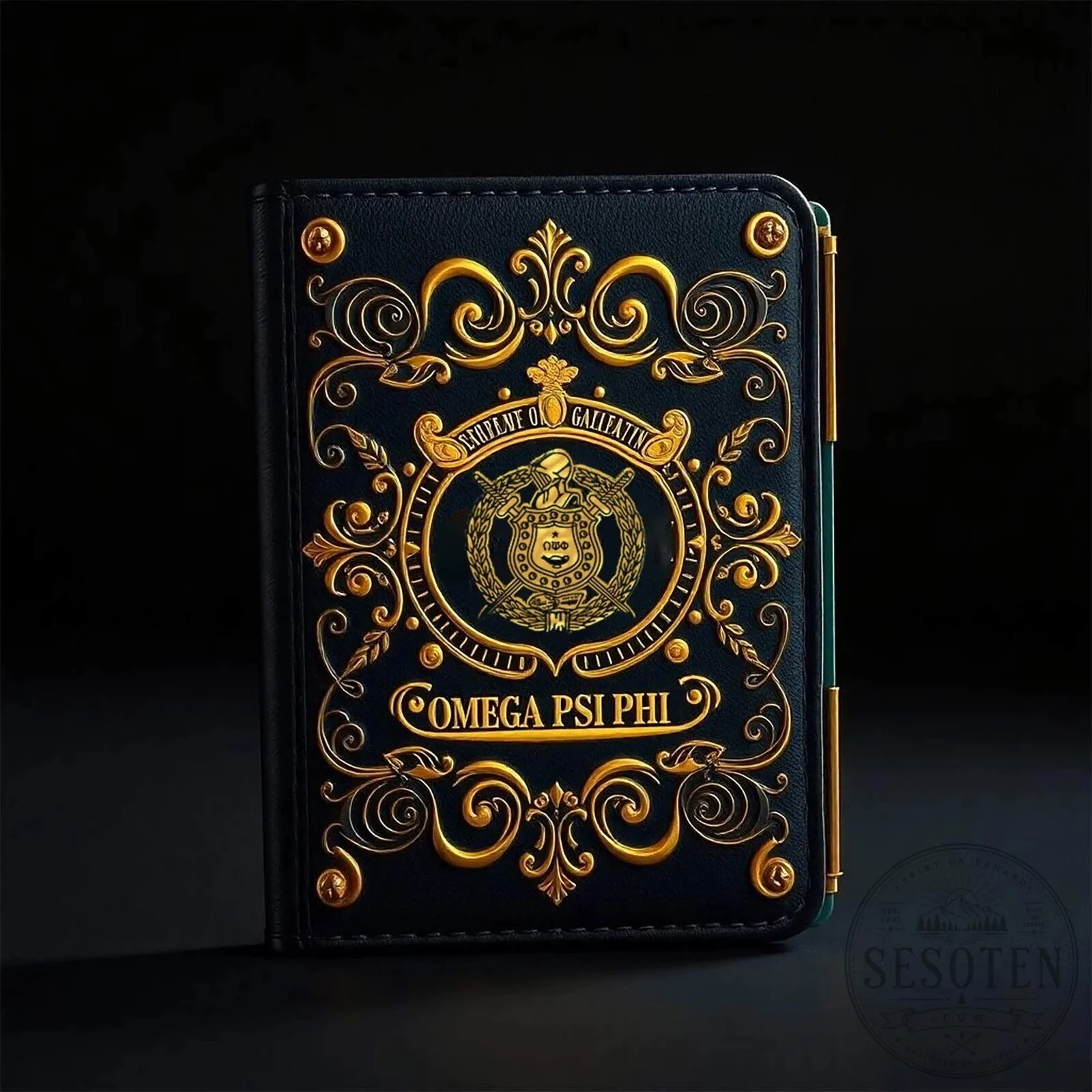 Omega Psi Phi Fraternity Gold Emblem Black Leather RFID Blocking Wallet