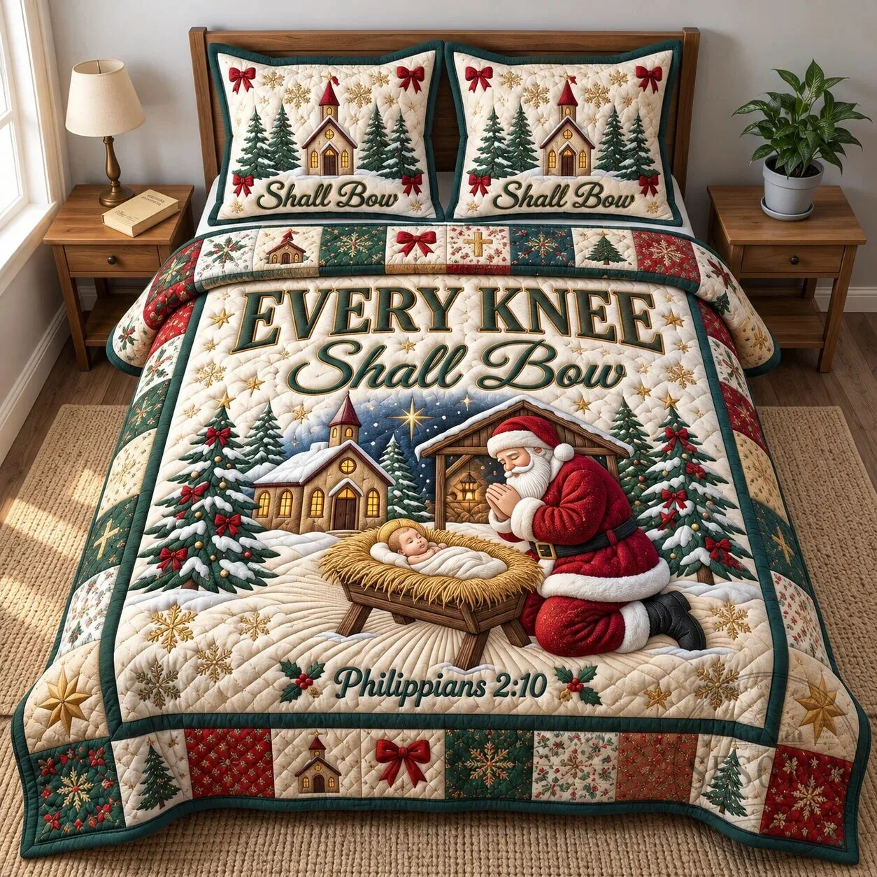 Every Knee Shall Bow Santa Claus Kneeling Before Baby Jesus Christmas Quilt